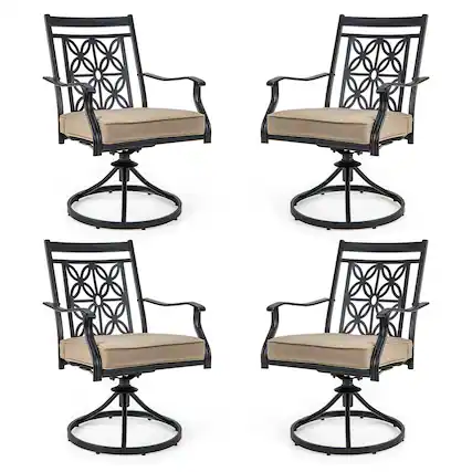 Front. Costway - Costway Patio Swivel Chair 4 PCS Outdoor Bistro Dining Chair Blossom Pattern Backrest - Black,khaki.