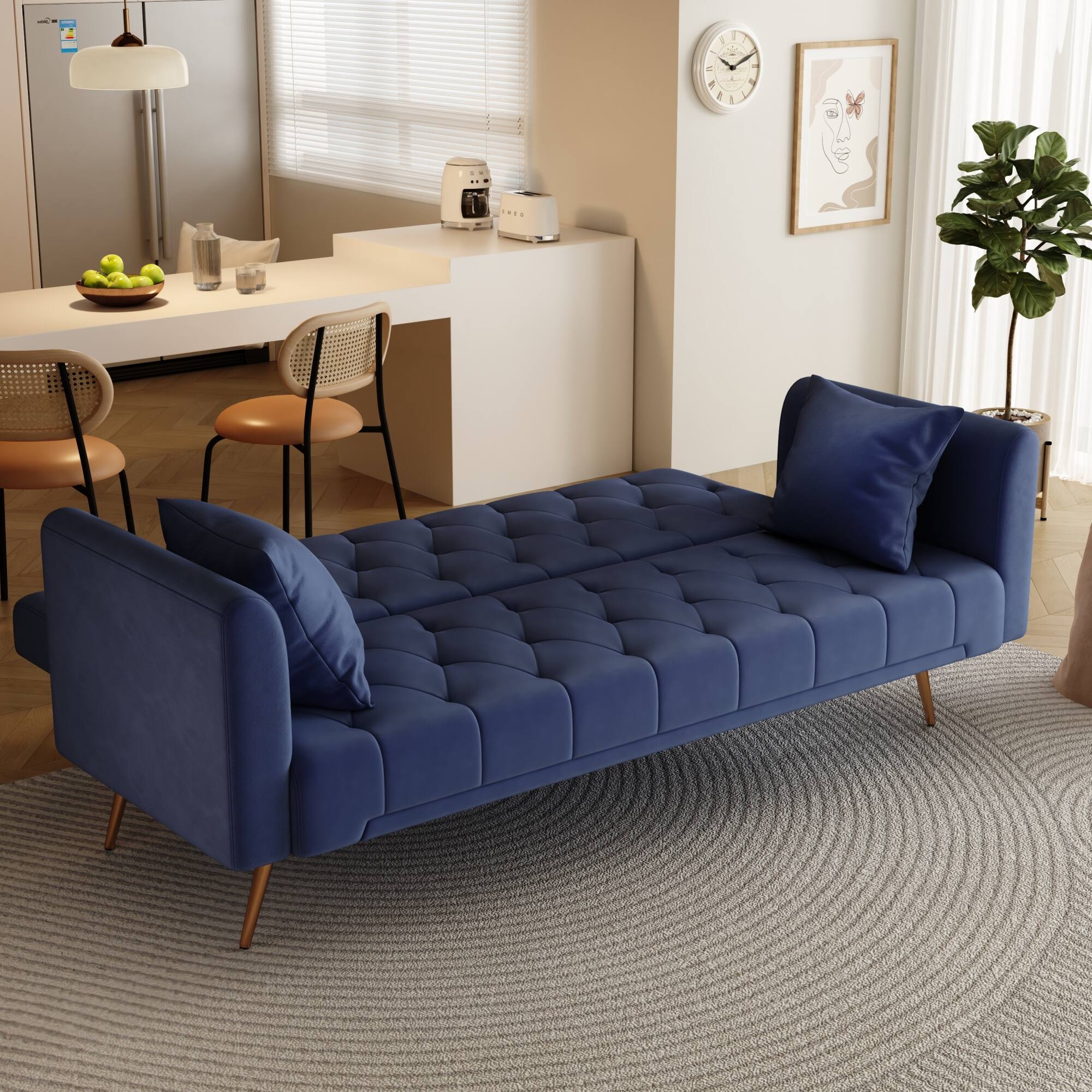 Back. GOODSILO - Convertible Velvet Sofa Bed with Adjustable Backrest for Small Spaces, Living Room and Office Use - Blue.