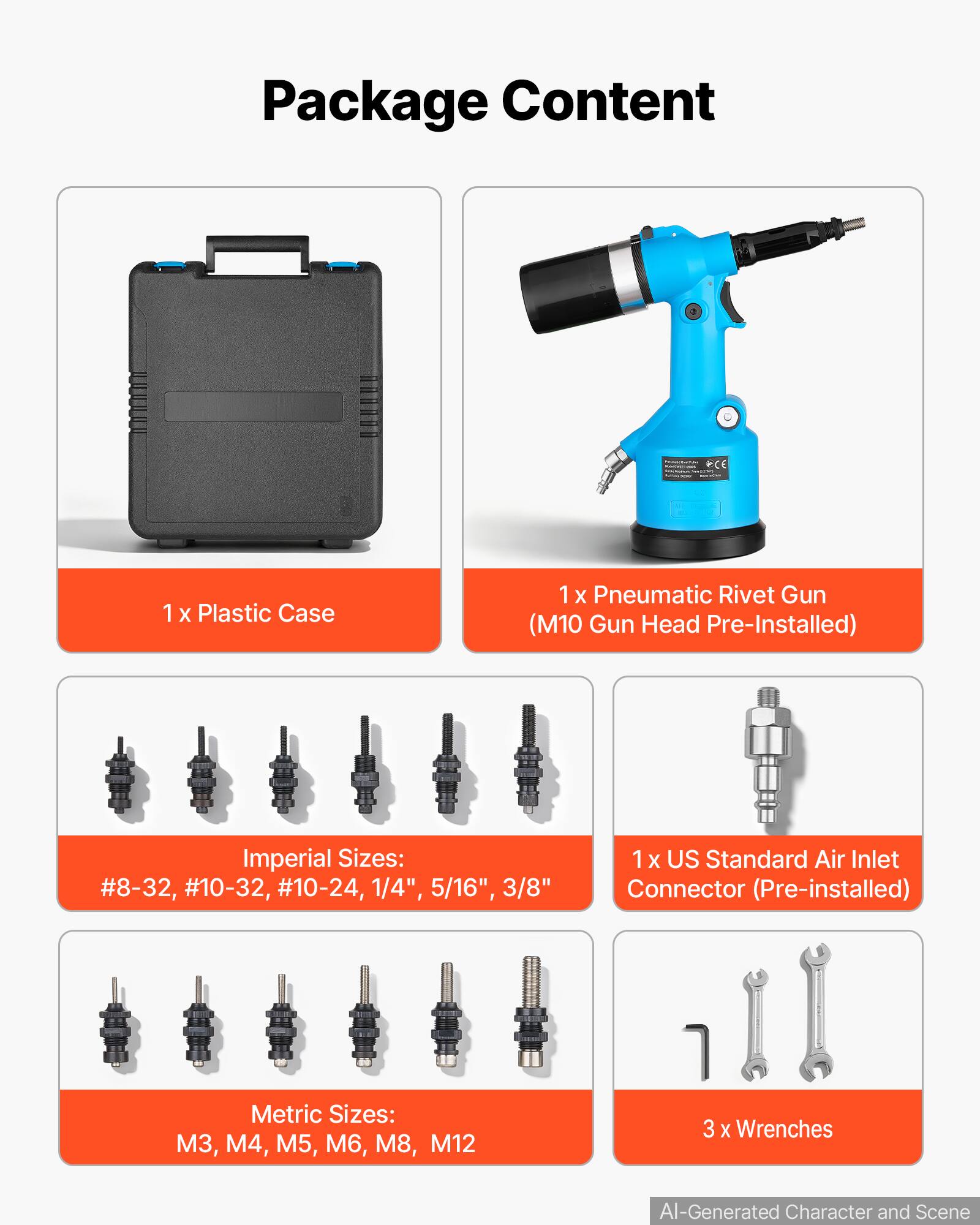 Package Content

1x Plastic Case

1x Pneumatic Rivet Gun (M10 Gun Head Pre-Installed)

Imperial Sizes: #8-32, #10-32, #10-24, 1/4", 5/16", 3/8"

1x US Standard Air Inlet Connector (Pre-installed)

Metric Sizes: M3, M4, M5, M6, M8, M12

3 x Wrenches