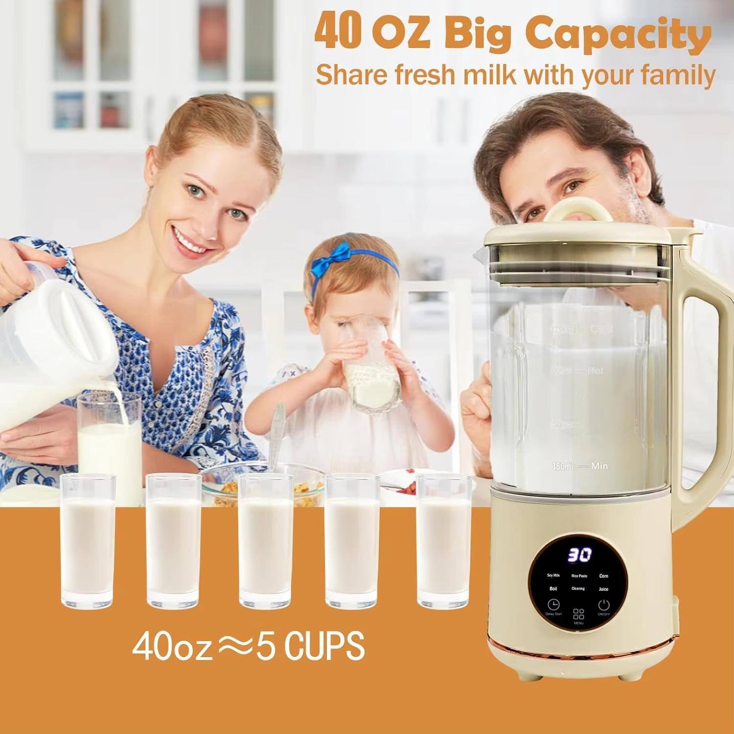 40 OZ Big Capacity  
Share fresh milk with your family  

40oz ≈ 5 CUPS  

150ml Min  
30