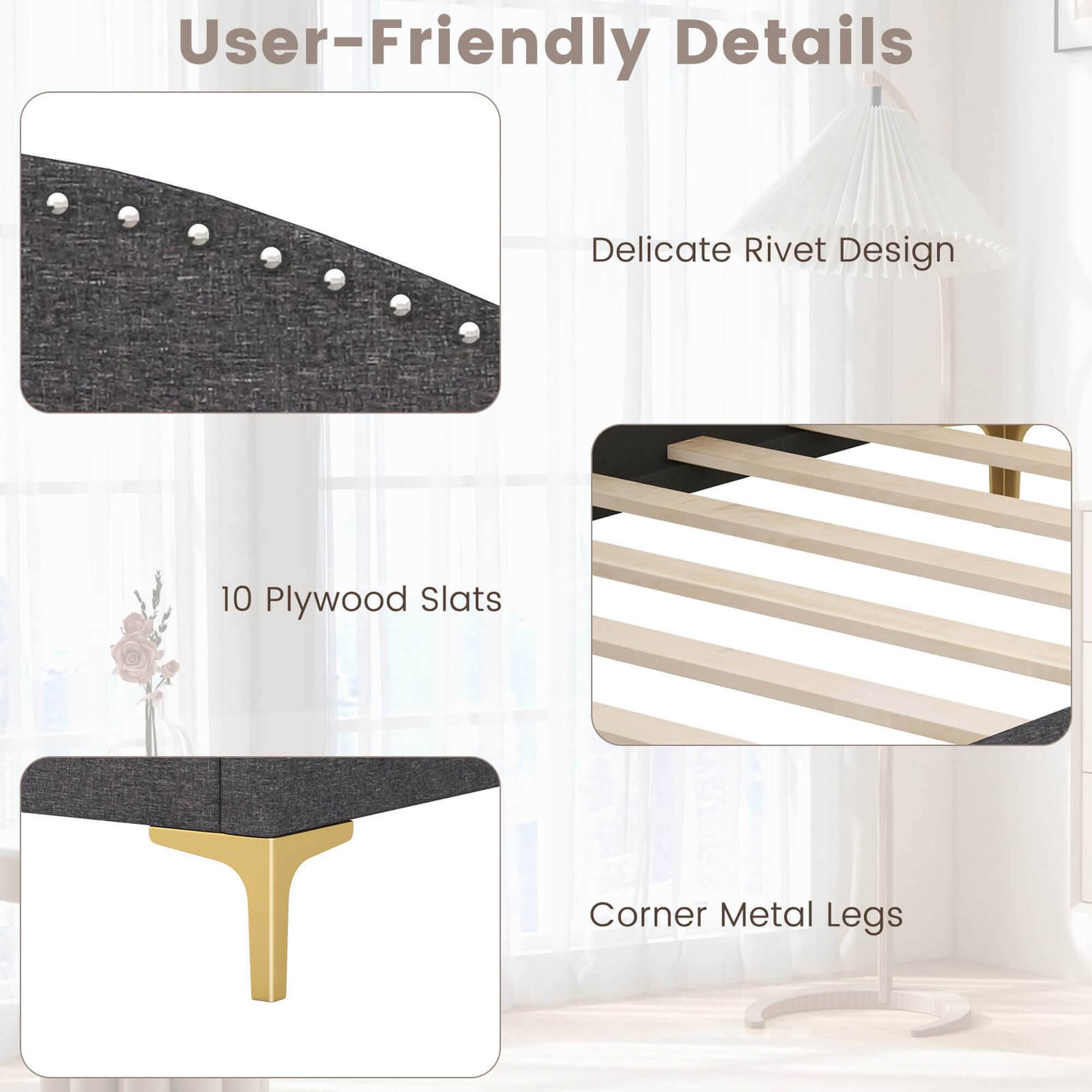 User-Friendly Details: Delicate Rivet Design, 10 Plywood Slats, Corner Metal Legs.