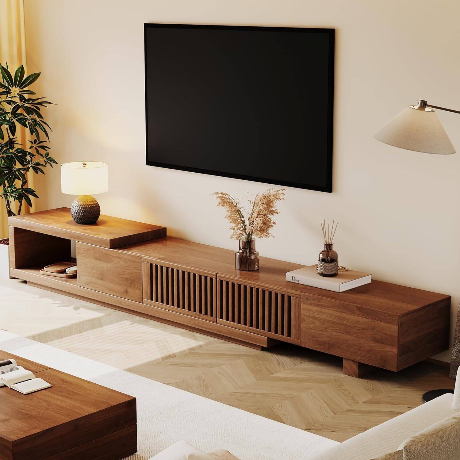 Alt View 8. luck idea - Extendable 78.54" Media Console TV Stand with Spacious Storage, Adjustable Entertainment Center for Living Room - Walnut color.
