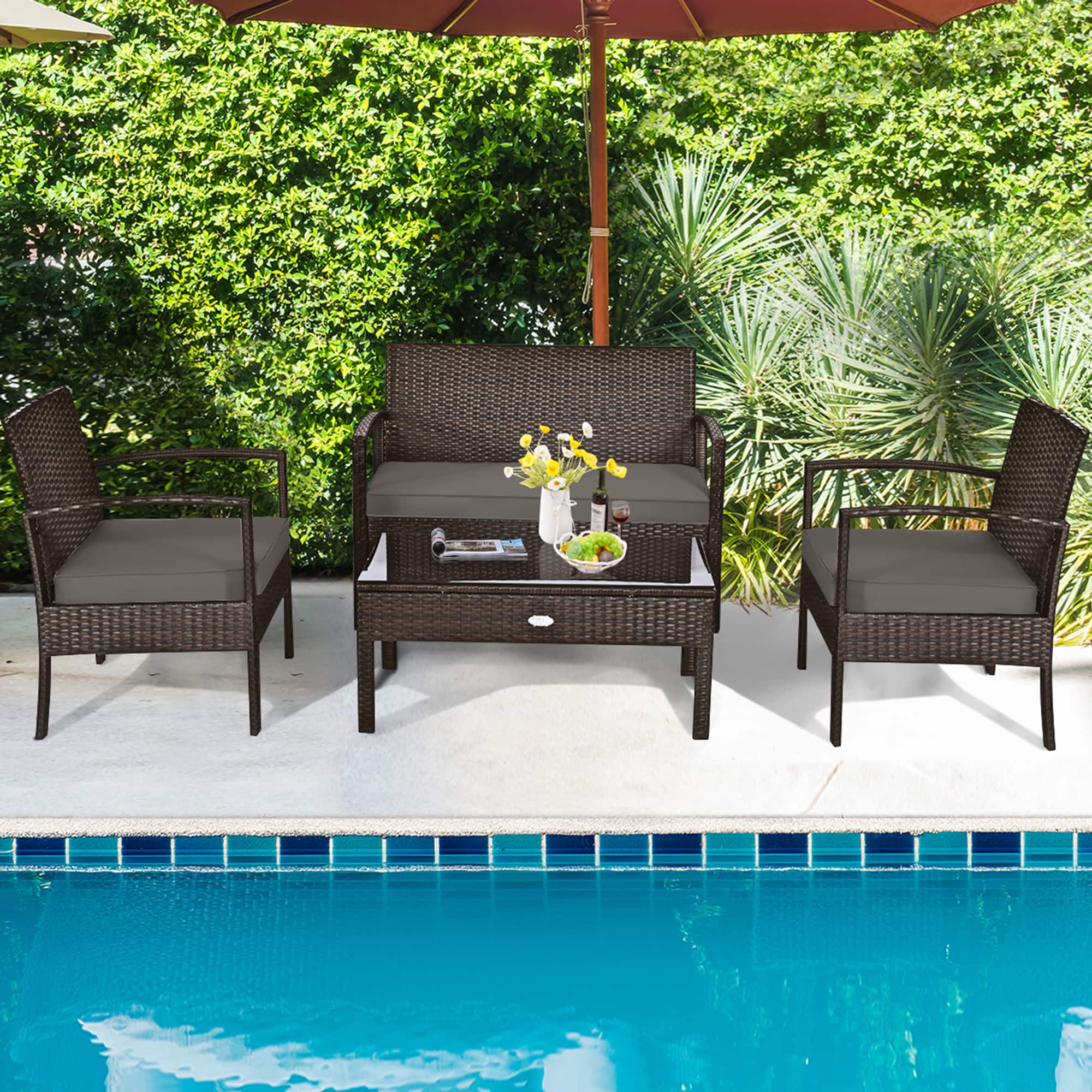 Gymax - 4PCS Patio Garden Outdoor Rattan Wicker Furniture Set - brown