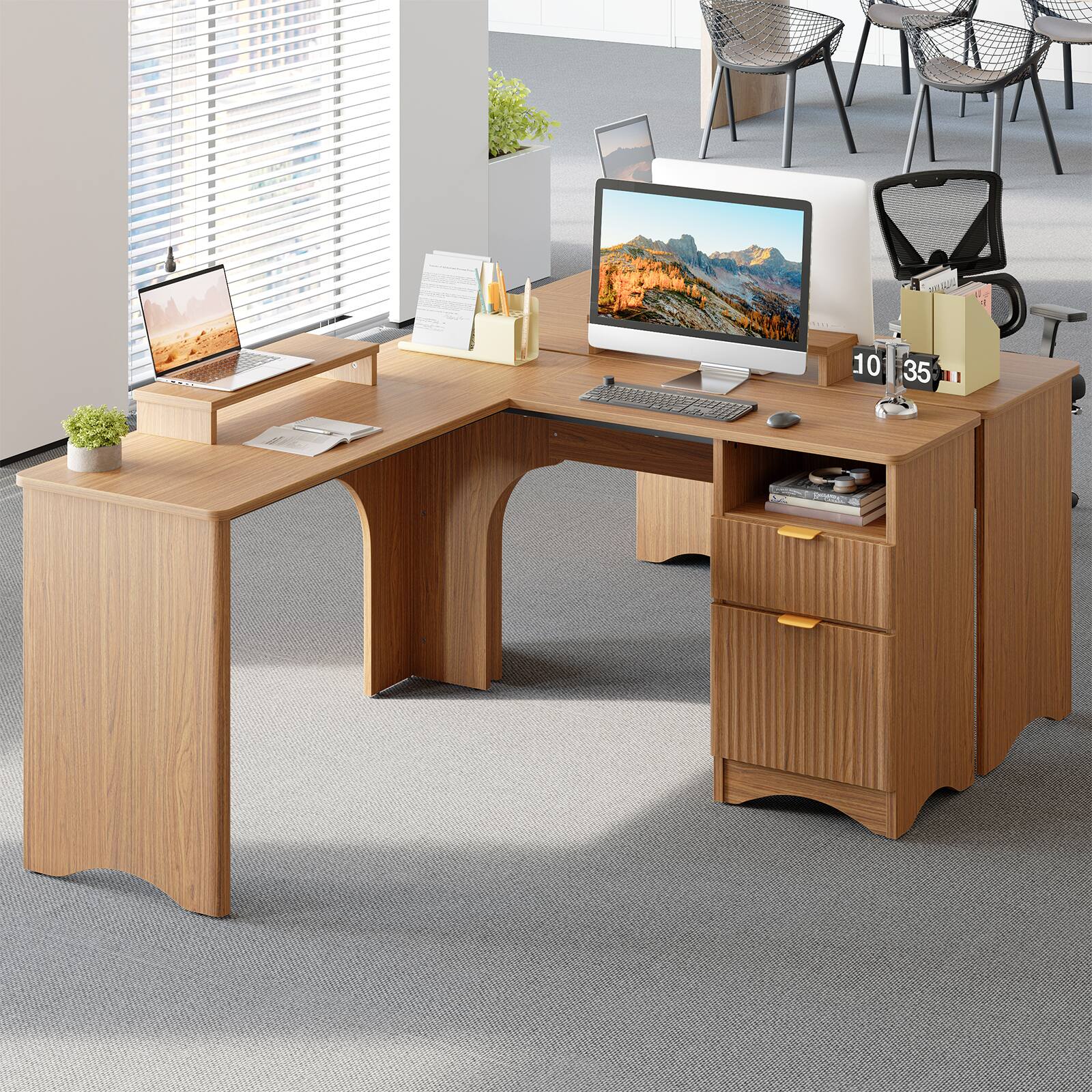 Alt View 2. Bestier - 55 Inch L-Shaped Computer Desk with File Drawer and Monitor Stand - Brown Oak.