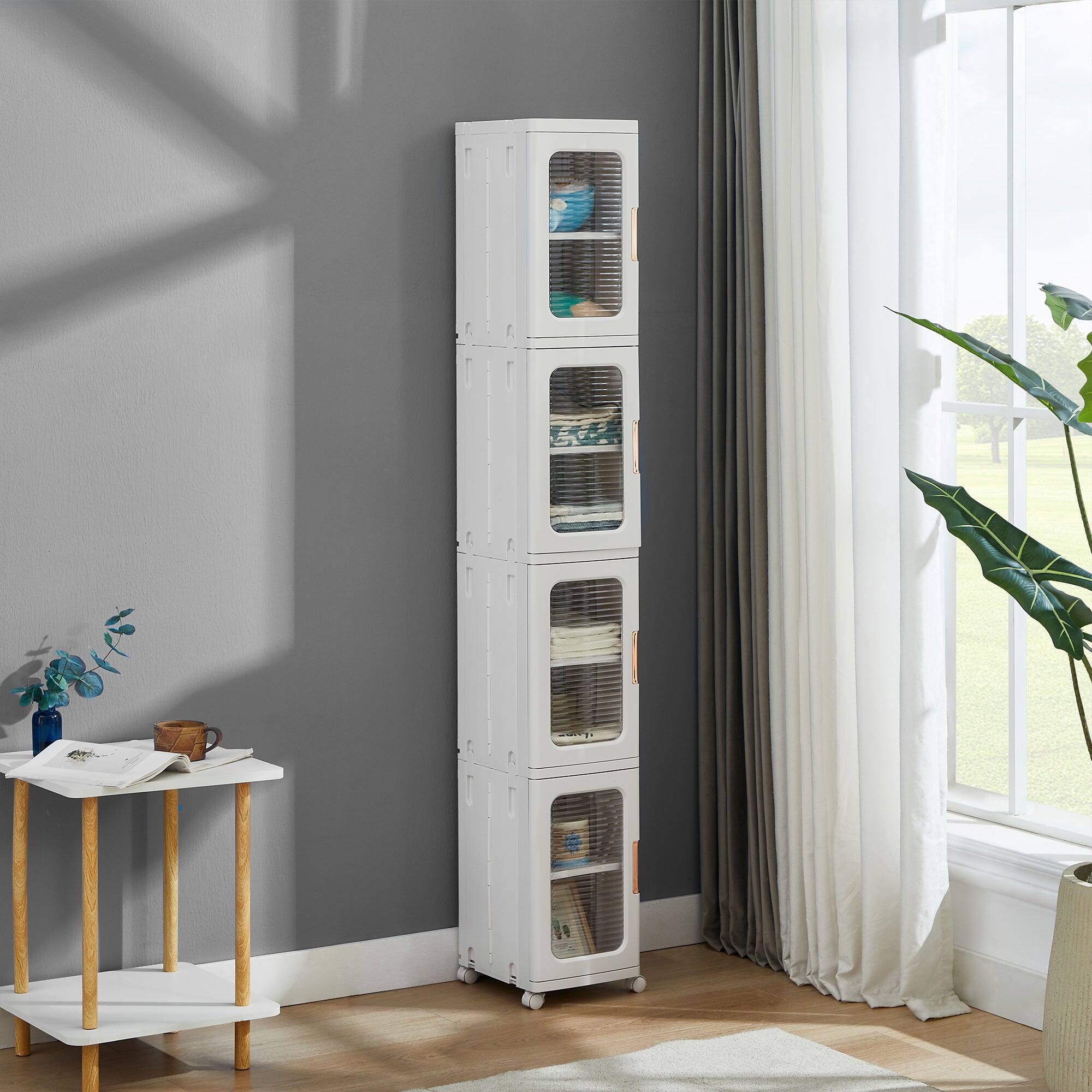 Alt View 1. Vecelo - Tall Narrow Plastic Storage Cabinet with Adjustable Shelves, Doors & Wheels, Waterproof & Dustproof Design - Slim White.