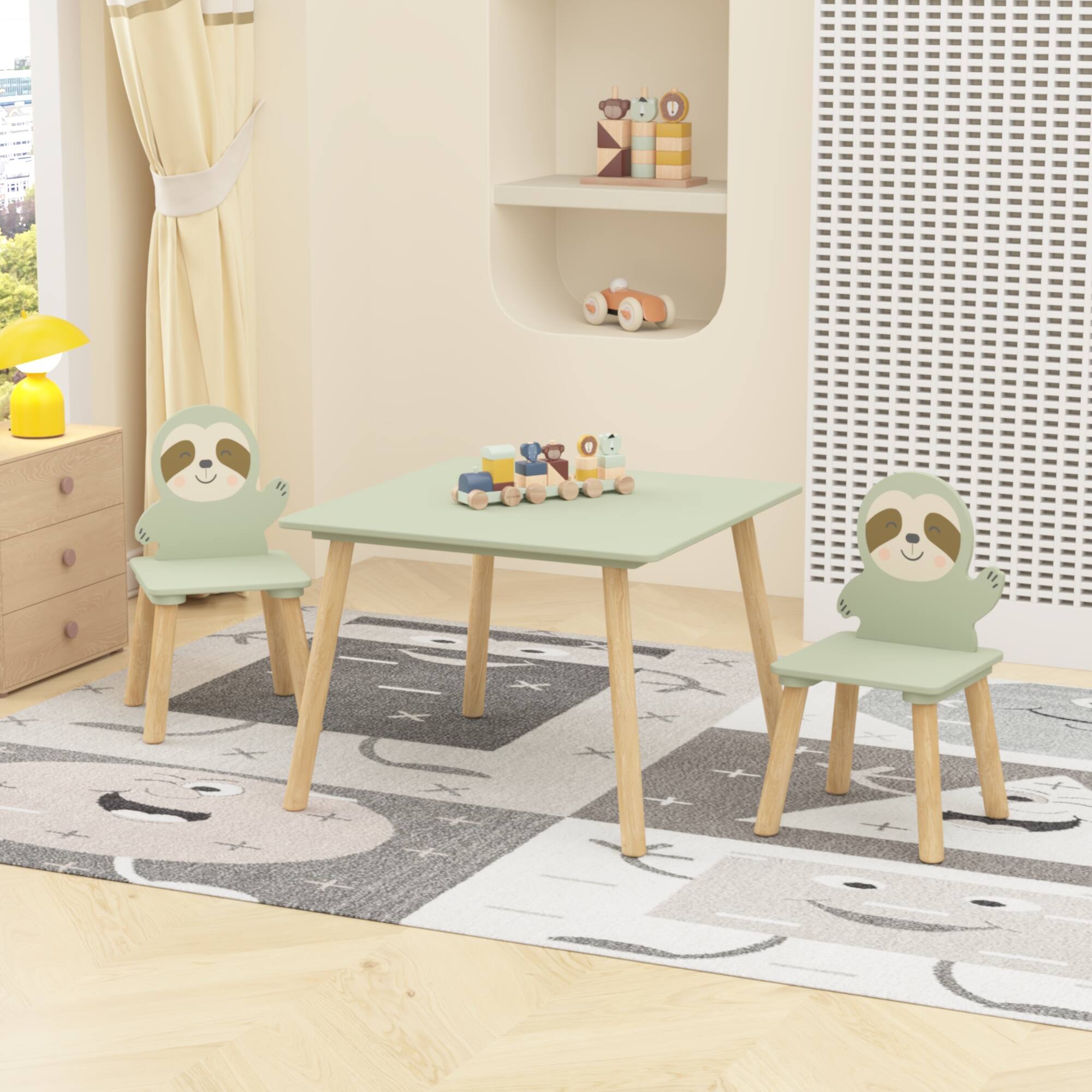 Angle. Tiramisubest - Kids Table and Chair Set with 2 Cute Sloth Chairs,Wooden Toddler Activity Table,Cute Animal Design Play & Study Set - Natural Wood,Sage Green.
