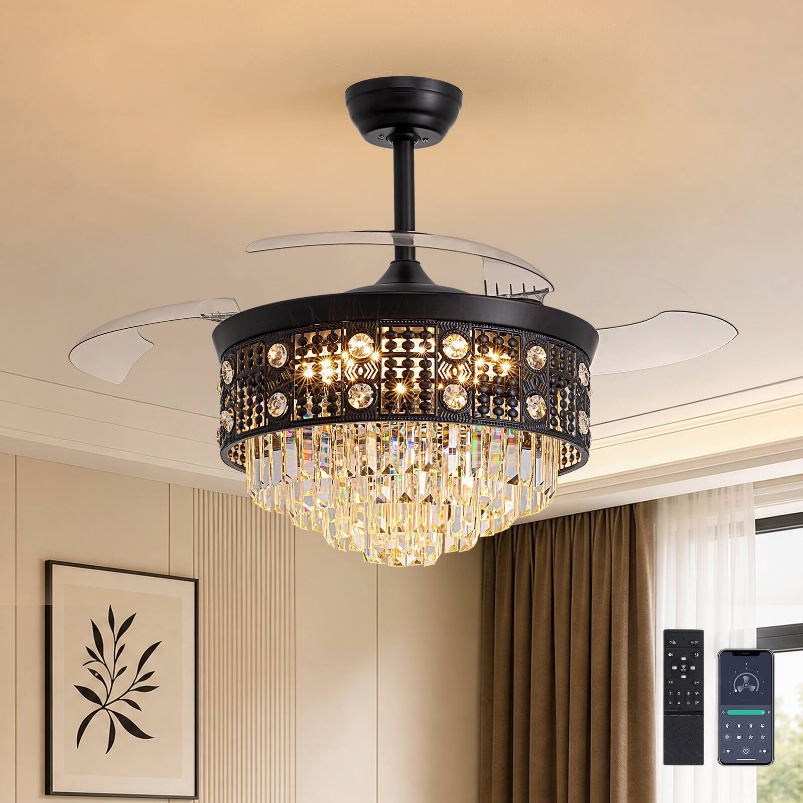Angle. Siljoy - 48 Inch French Retro Crystal Ceiling Fan With Hidden Blades Adjustable Hanging Rod For Bedroom Living Room - Black.