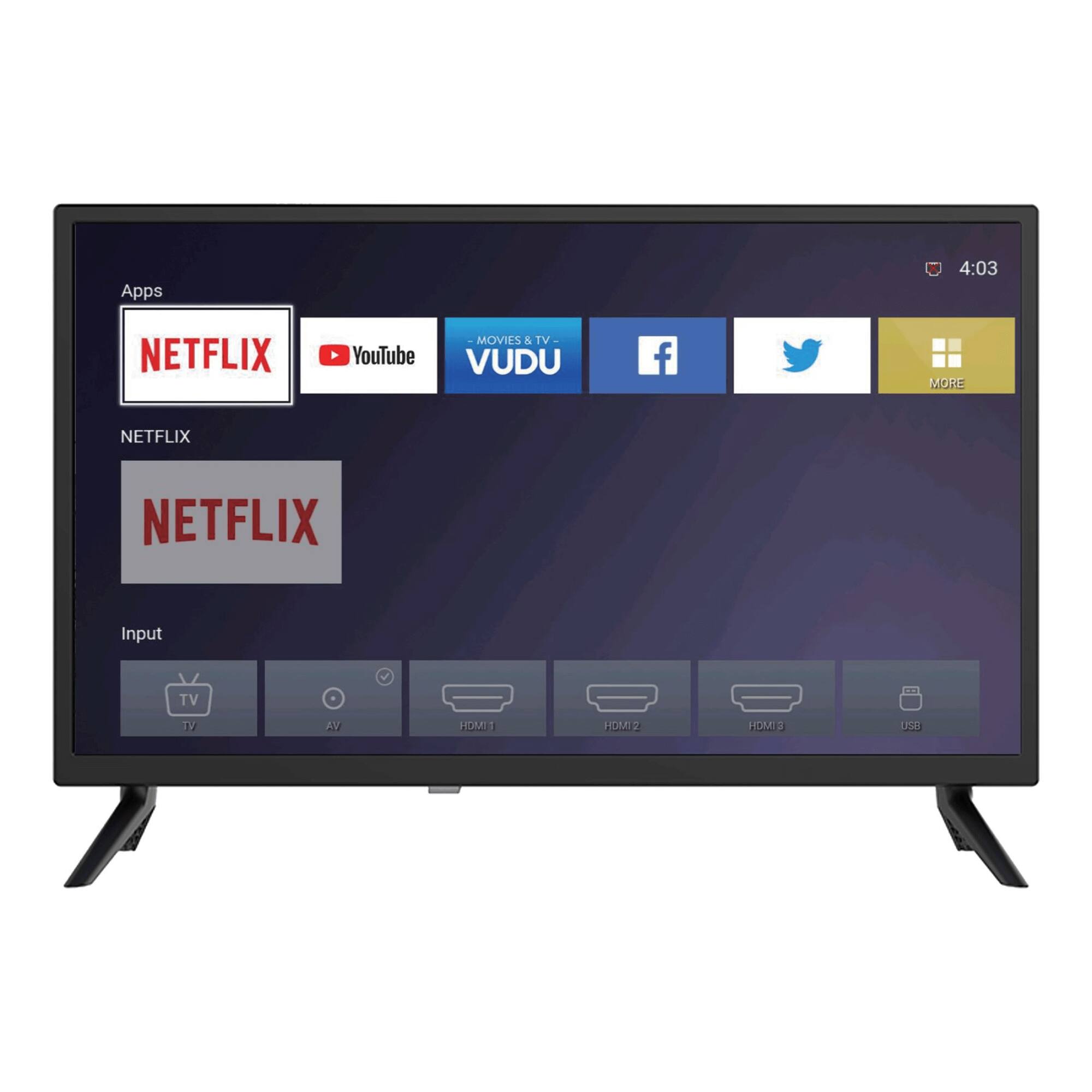 Apps
NETFLIX YouTube MOVIES & TV VUDU f MORE
NETFLIX
Input
TV AV HDMI 1 HDMI 2 HDMI 3 USB
4:03
