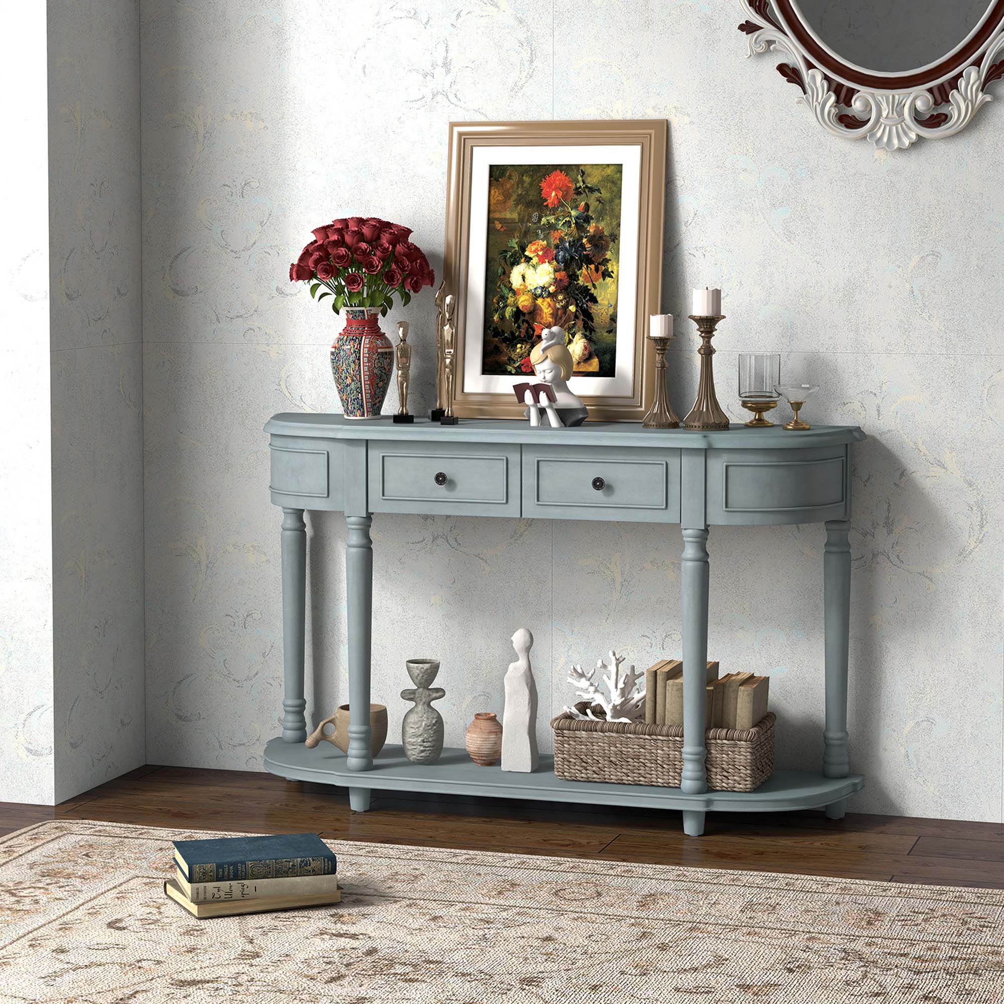 Alt View 1. Costway - Costway 52" Long Sofa Table with 2 Drawers & Open Shelf Retro Console Table with Storage - Blue.
