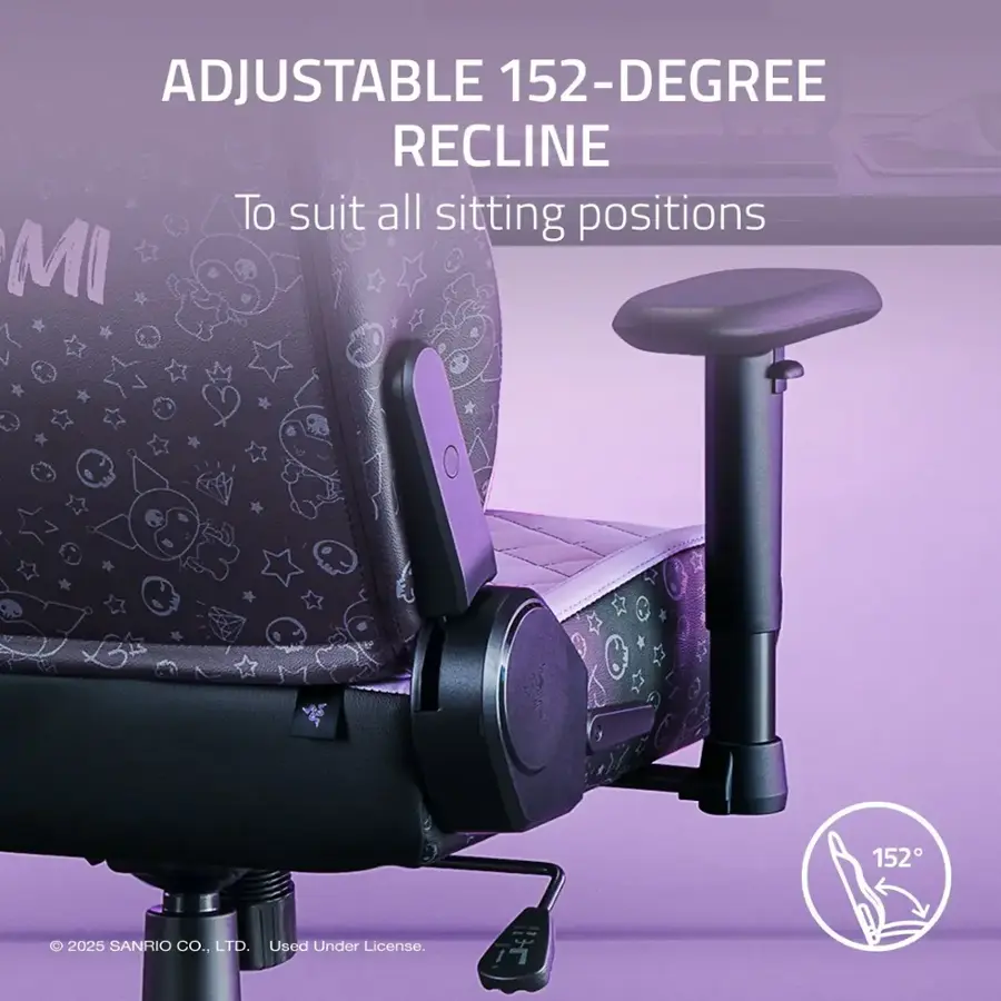 The text on the image reads: "ADJUSTABLE 152-DEGREE RECLINE To suit all sitting positions MI 152 2025 SANRIO CO., LTD. Used Under License."