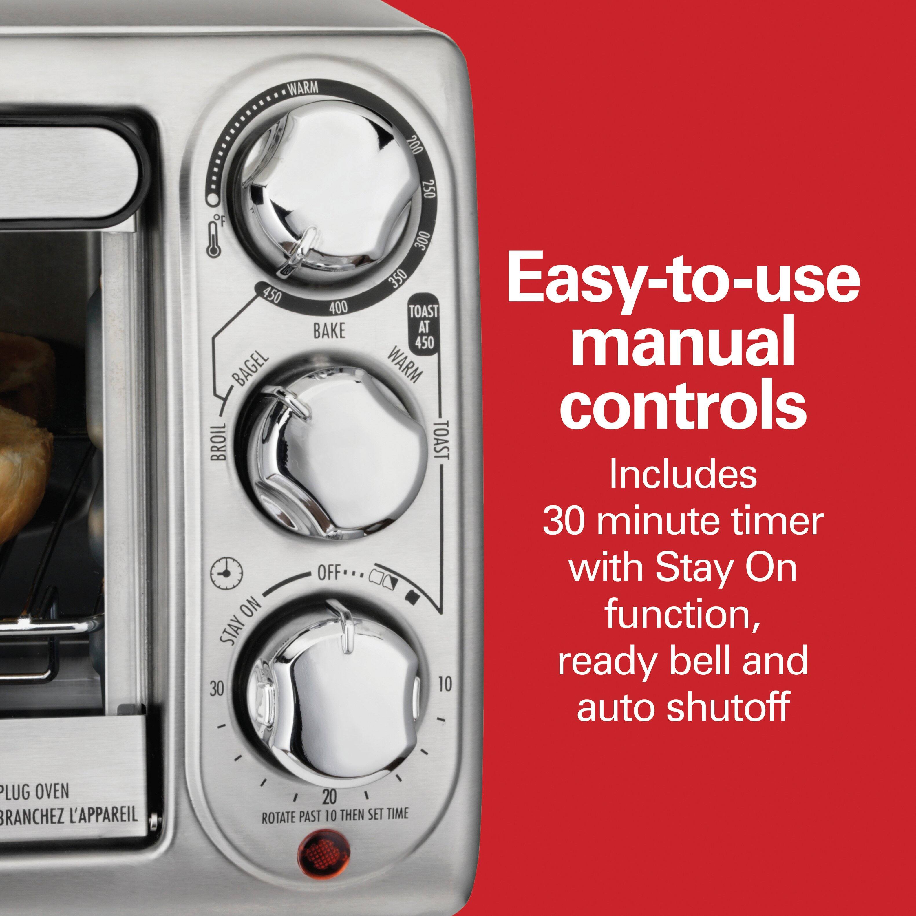 Easy-to-use manual controls

Includes 30 minute timer with Stay On function, ready bell and auto shutoff

PLUG OVEN BRANCHEZ L'APPAREIL

ROTATE PAST 10 THEN SET TIME