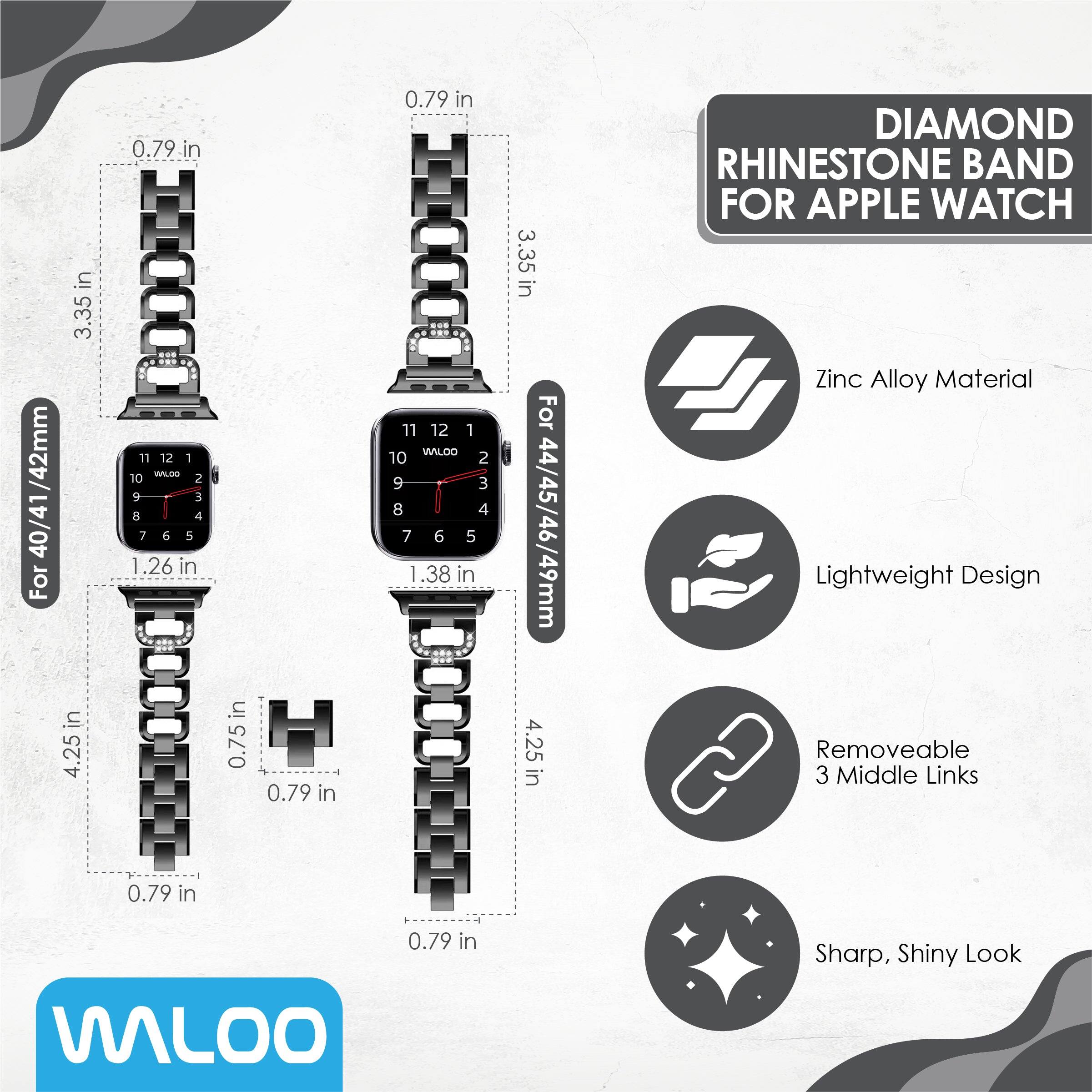 40/41/42mm For in 3.35 in 4.25  
0.79 in 11 12 1 WILDO 10 2 9 3 8 4 7 6 5 1.26 in 0.79 in  
in 0.75  
0.79 in  
0.79 in 11 12 1 WALOO 10 2 9 3 8 4 7 6 5 1.38 in  
3.35 in For 44/45/46/49mm 4.25 in  
DIAMOND RHINESTONE BAND FOR APPLE WATCH Zinc Alloy Material Lightweight Design Removeable a 3 Middle Links  
0.79 in VILOO  
Sharp, Shiny Look
