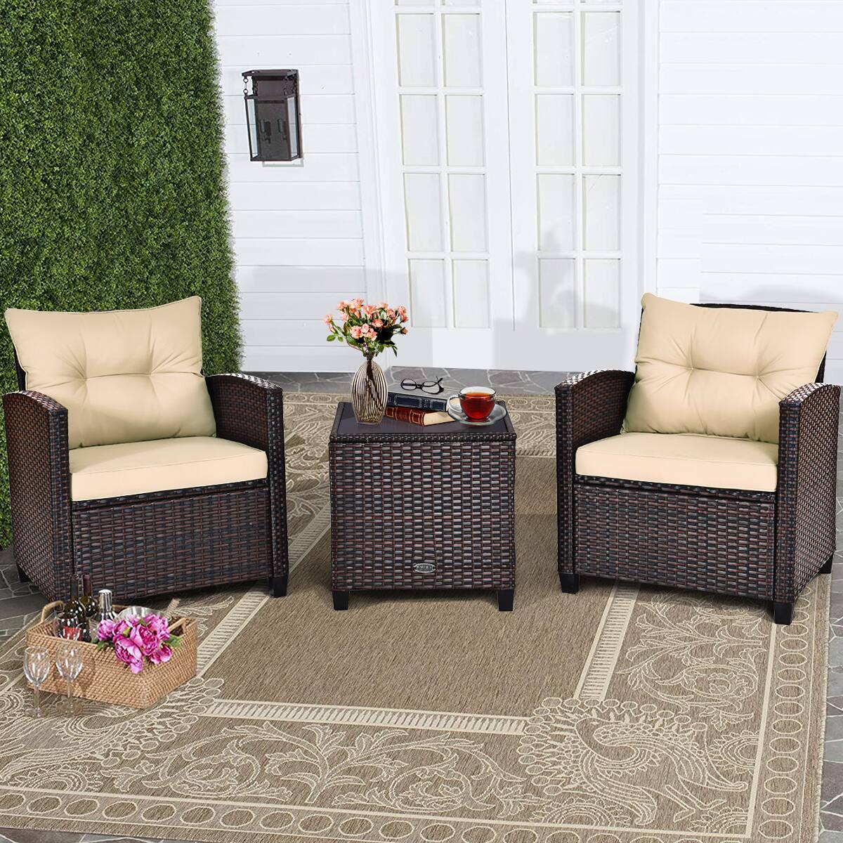 Alt View 1. Costway - 3PCS Patio Rattan Furniture Set Cushioned Conversation Set Sofa Coffee Table - Beige.