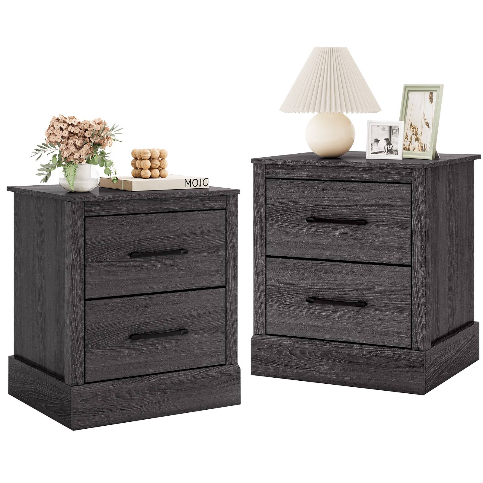 Front. Gymax - Gymax Set of 2 Drawer Nightstand Bedside Table Compact Sofa End Table Oak Dark Grey - Dark Grey Oak.