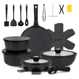 SENSARTE - 23-Pcs Nonstick Cookware Set, Healthy Pots And Pans Set with Detachable Handles, Dishwasher Safe, Induction Compatible - Black-23Pcs