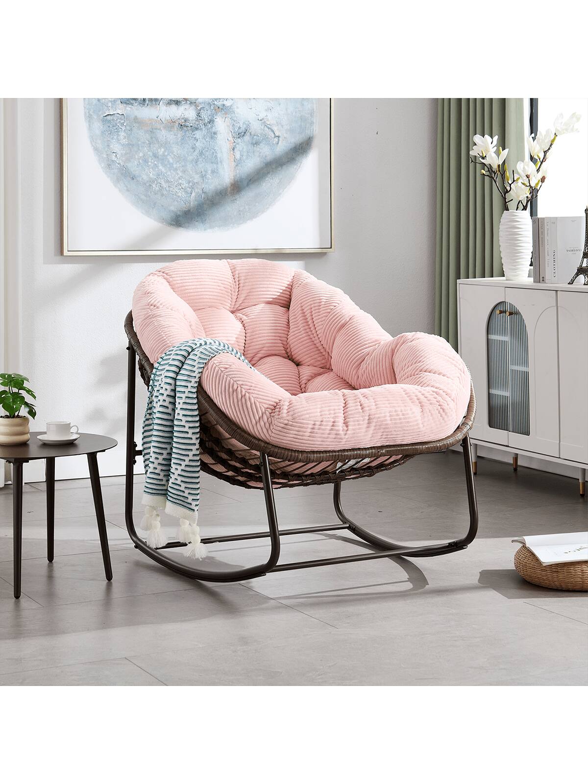 Angle. Trinkets Crazed - Outdoor Indoor Rocking Chair With Padded Cushion, Oversized Patio Papasan Rocking Egg Chair - Pink.