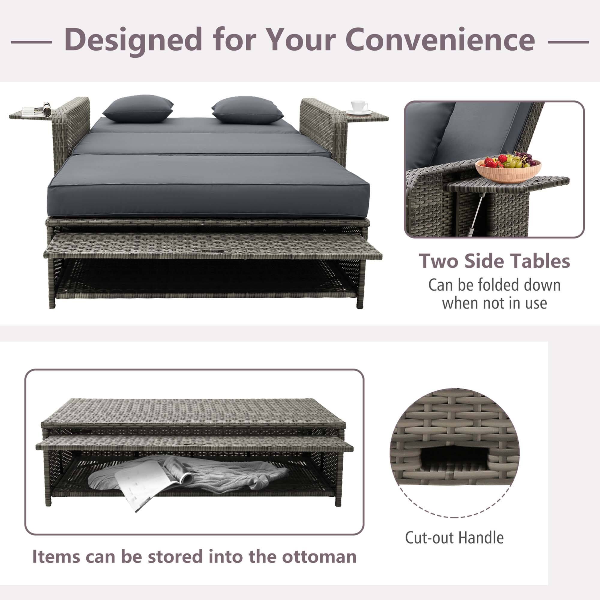 Designed for Your Convenience: Two Side Tables Can be Folded Down When Not in Use; Items Can Be Stored into the Ottoman; Cut-out Handle.