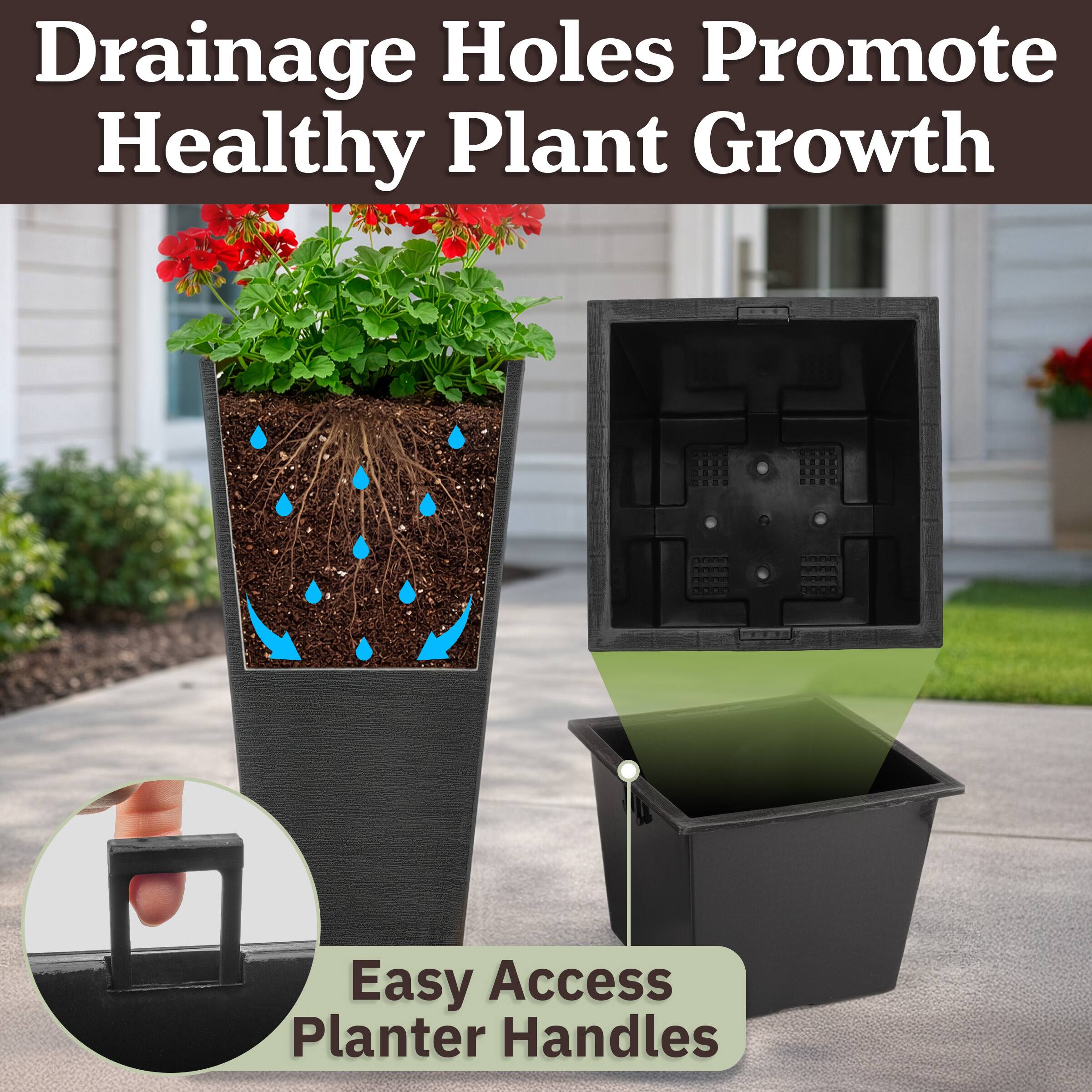 Drainage Holes Promote Healthy Plant Growth

Easy Access Planter Handles