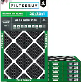 Filterbuy - 20x30x1 MERV 10 Odor & Allergy Defense, Electrostatic Pleated HVAC AC Furnace Air Filters Replacement (6-Pack) - Black