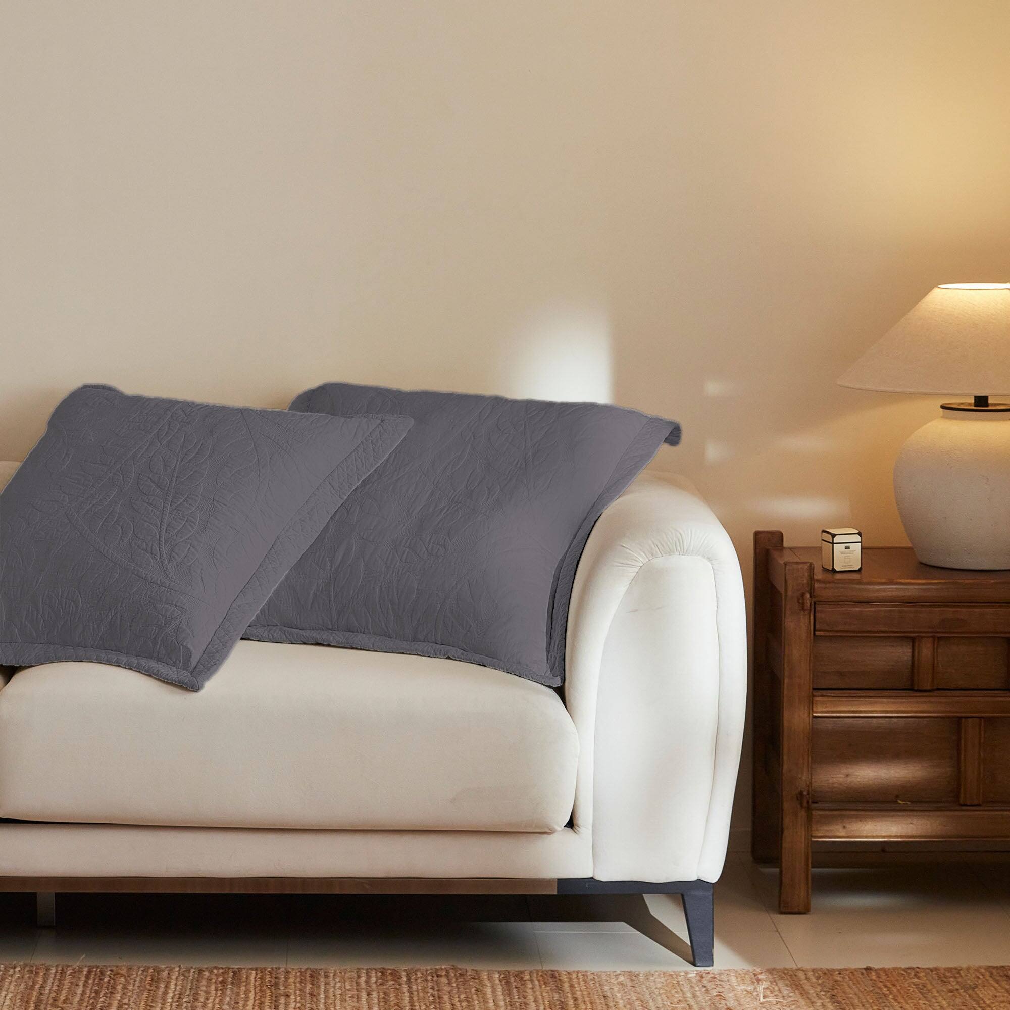 Left. MarCielo - 100% Cotton Embroidered Quilted Pillow Shams Set of 2, 26"x26" Euro Size - Light Grey.