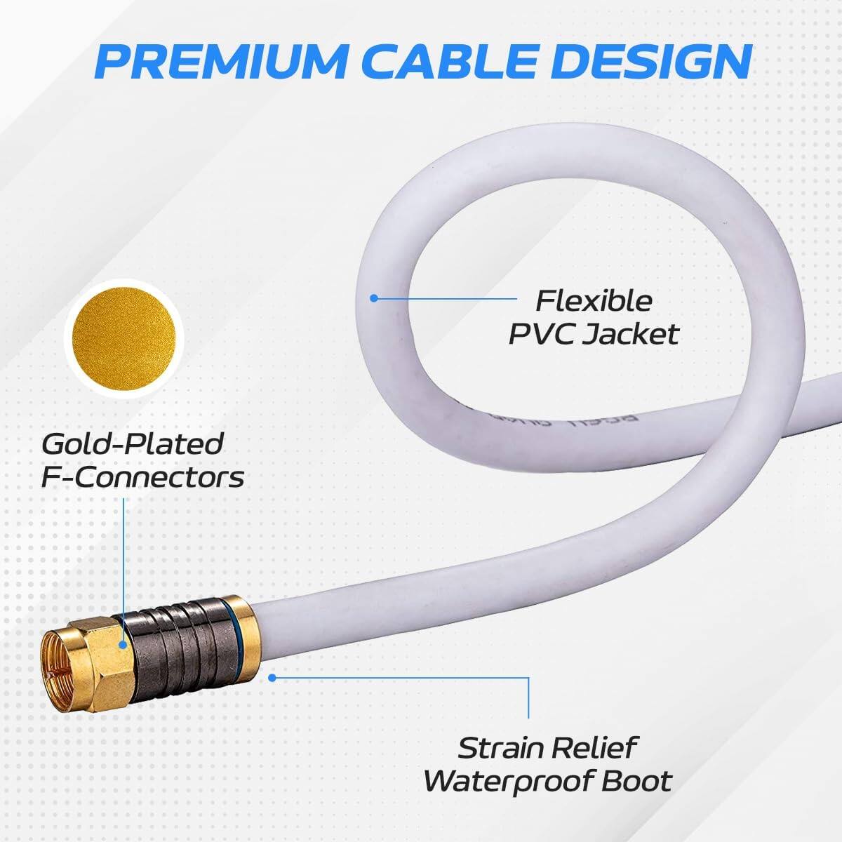 PREMIUM CABLE DESIGN

- Flexible PVC Jacket
- Gold-Plated F-Connectors
- Strain Relief Waterproof Boot