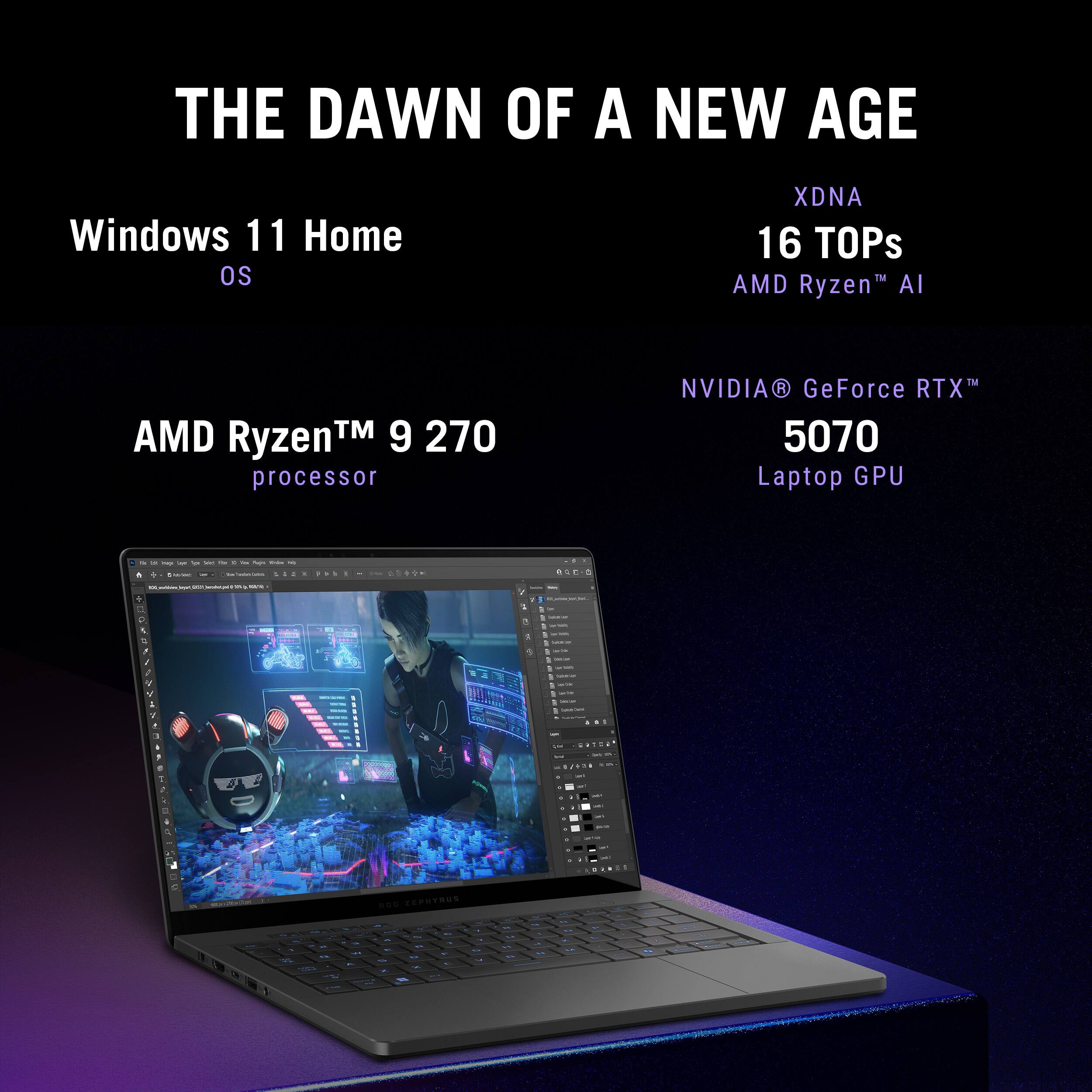 The Dawn of a New Age Windows 11 Home OS XDNA 16 TOPs AMD Ryzen 9 2700 processor NVIDIA GeForce RTX 5070 Laptop GPU