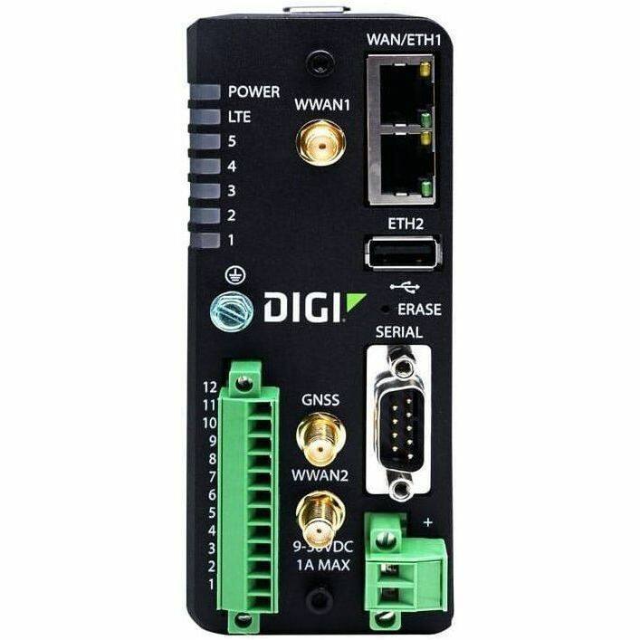 WAN/ETH1  
POWER  
WWAN1  
LTE  
5  
4  
3  
2  
1  
ETH2  
DIGI  
ERASE  
SERIAL  
12  
11  
10  
9  
8  
7  
6  
5  
4  
3  
2  
1  
GNSS  
WWAN2  
9-30VDC  
DC 1A MAX