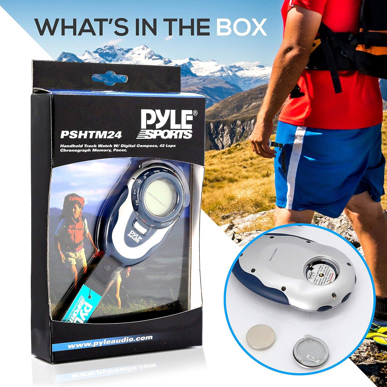 WHAT'S IN THE BOX

PYLE ESPORTS  
PSHTM24  
Handheld Track Watch W/ Digital Compass, 42 Laps Chronograph Memory, Pace, etc.  

www.pyleaudio.com