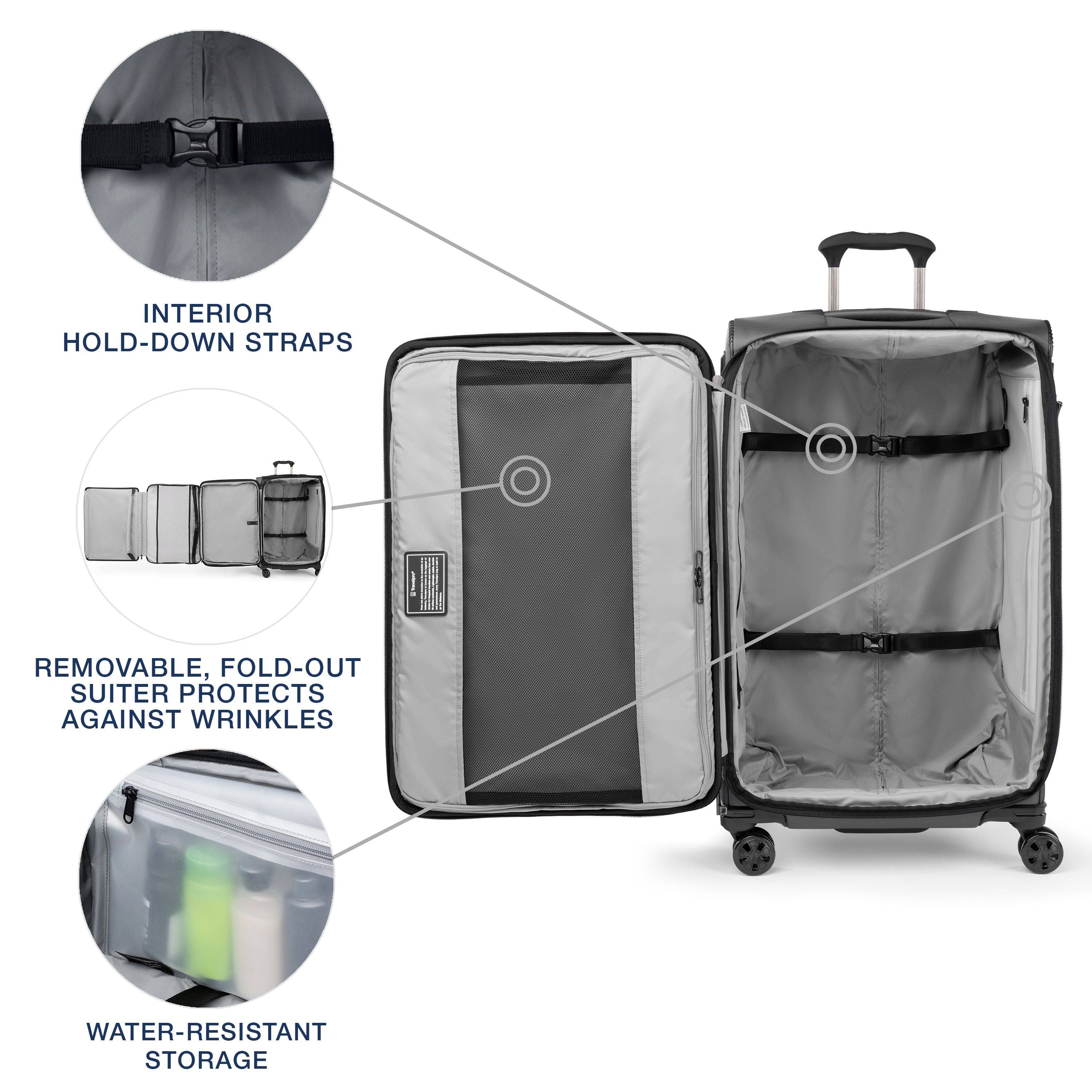 INTERIOR HOLD-DOWN STRAPS REMOVABLE, FOLD-OUT SUITER PROTECTS AGAINST WRINKLES WATER-RESISTANT STORAGE