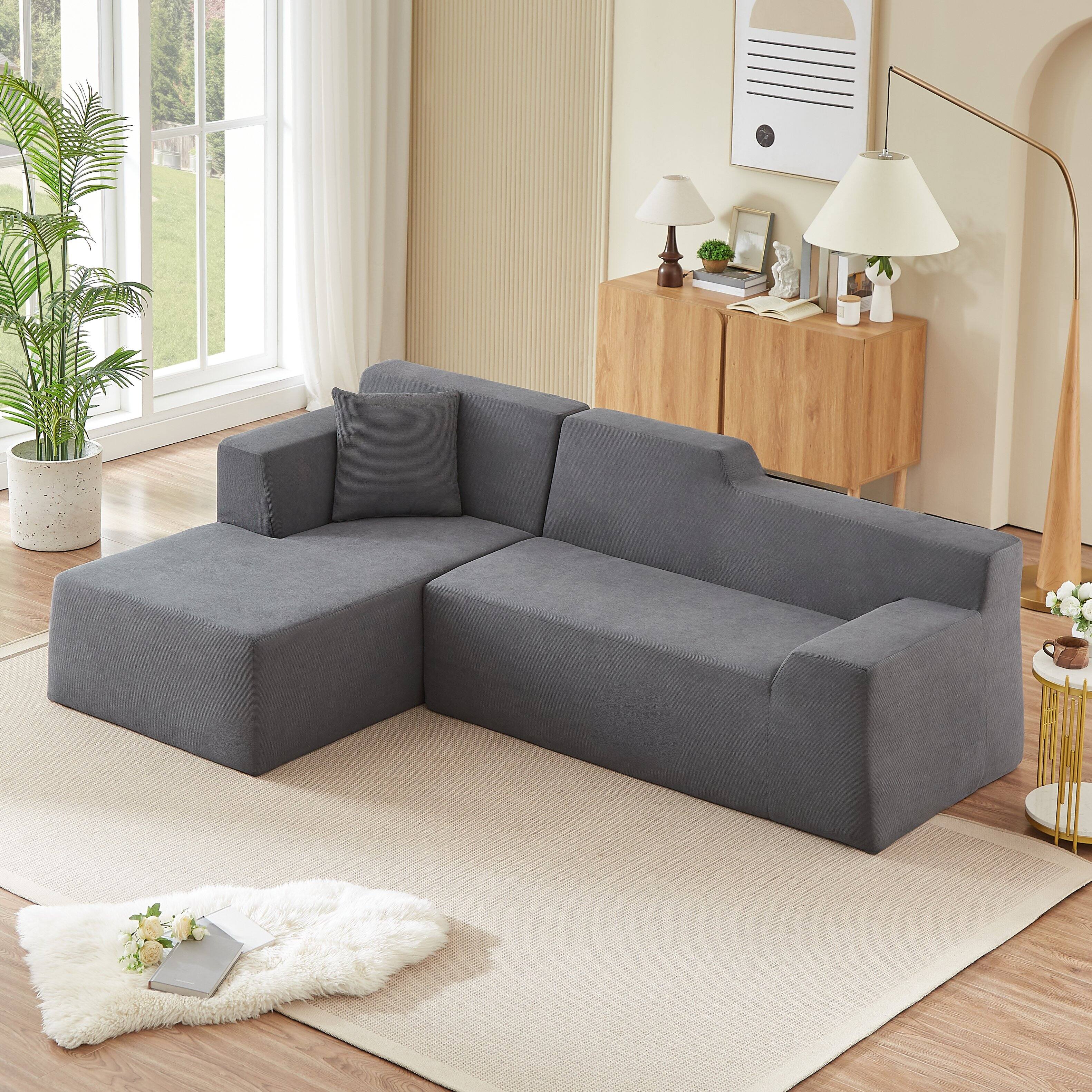 Angle. Loheer - Loheer L-Shaped Corduroy Sofa Modern Minimalist High Back Sectional Couch for Living Room 96 Inch - Dark Gray.