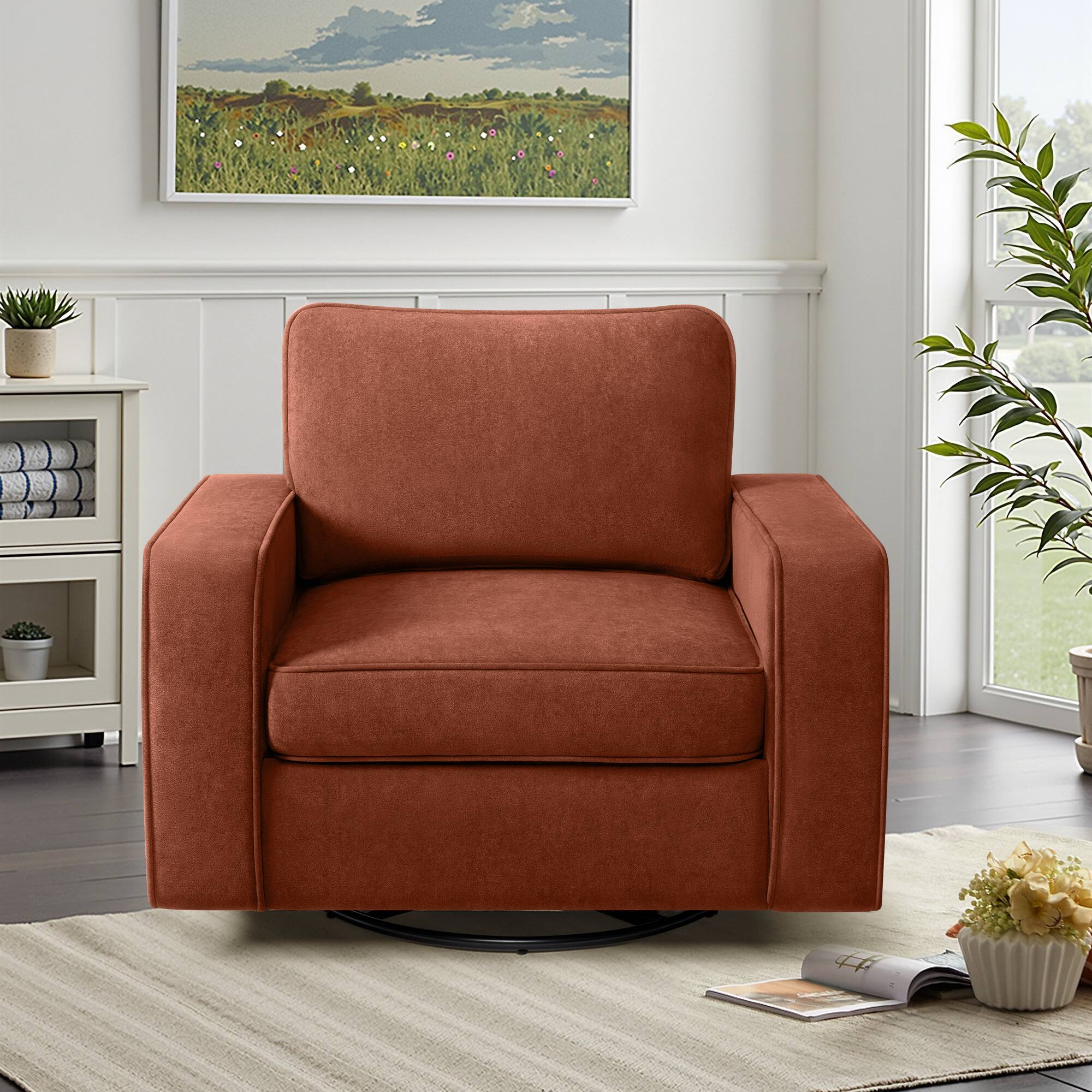 Alt View 2. KERDOM - Swivel Barrel Sofa Chair, Modern Single Sofa Lounge Bucket Armchair, Rotating Accent Sofa Rotation Base, Washable Pillow - Reddish Brown.