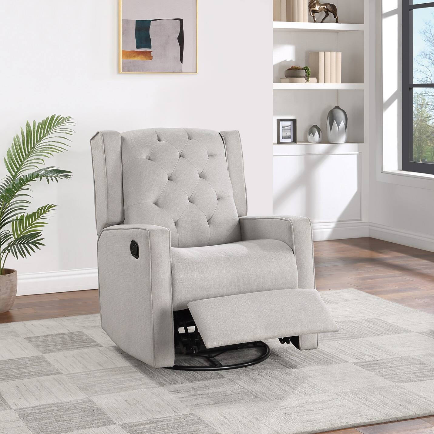 Front. TinyHomie - Contemporary Light Gray Color Polyfiber Swivel Recliner Chair 1pc Manual Motion Wing Back Tufted Cushion - LIGHT GREY.