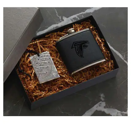 Front. Wendell August Forge - Atlanta Falcons 5oz.Traveler Flask & Bag Tag Gift Set - Silver.