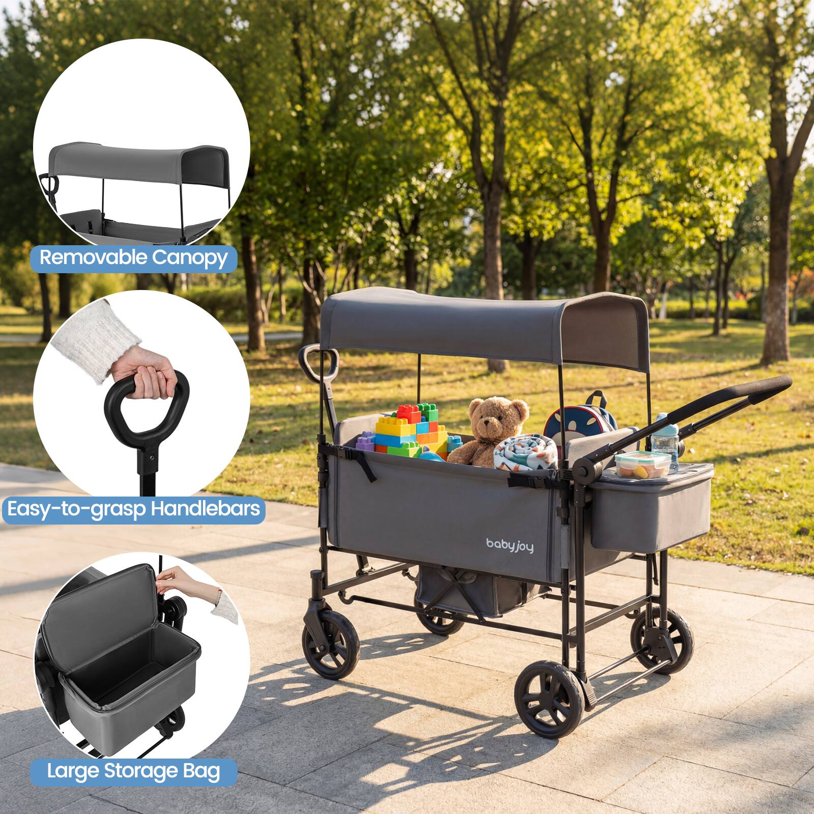 - Removable Canopy
- Easy-to-grasp Handlebars
- Large Storage Bag
- babyjoy