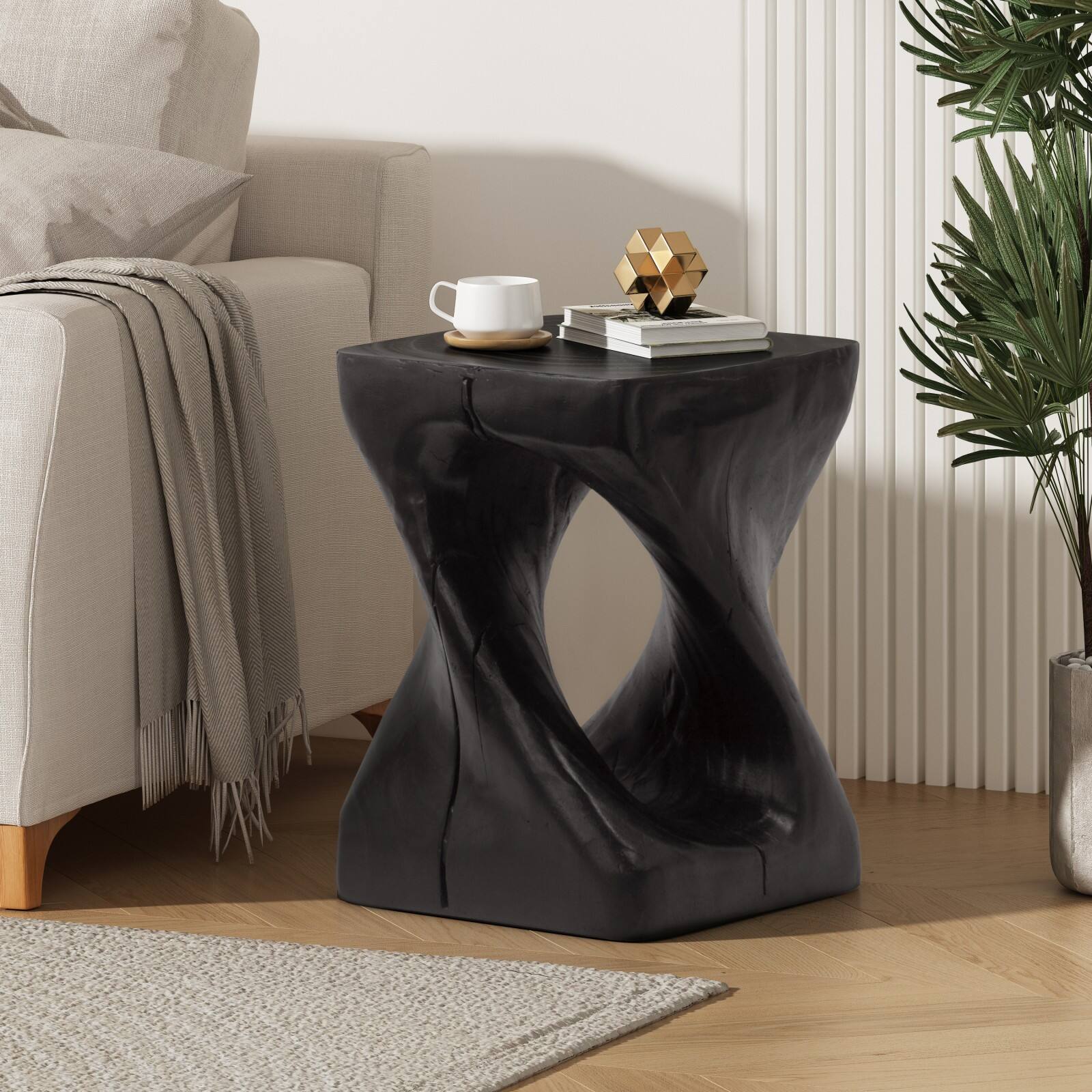 Alt View 1. Ecooso - Modern Spiral Side Table with Unique Twisted Design, Durable MGO Construction for Indoor Outdoor Use, Small Accent Table - Black.
