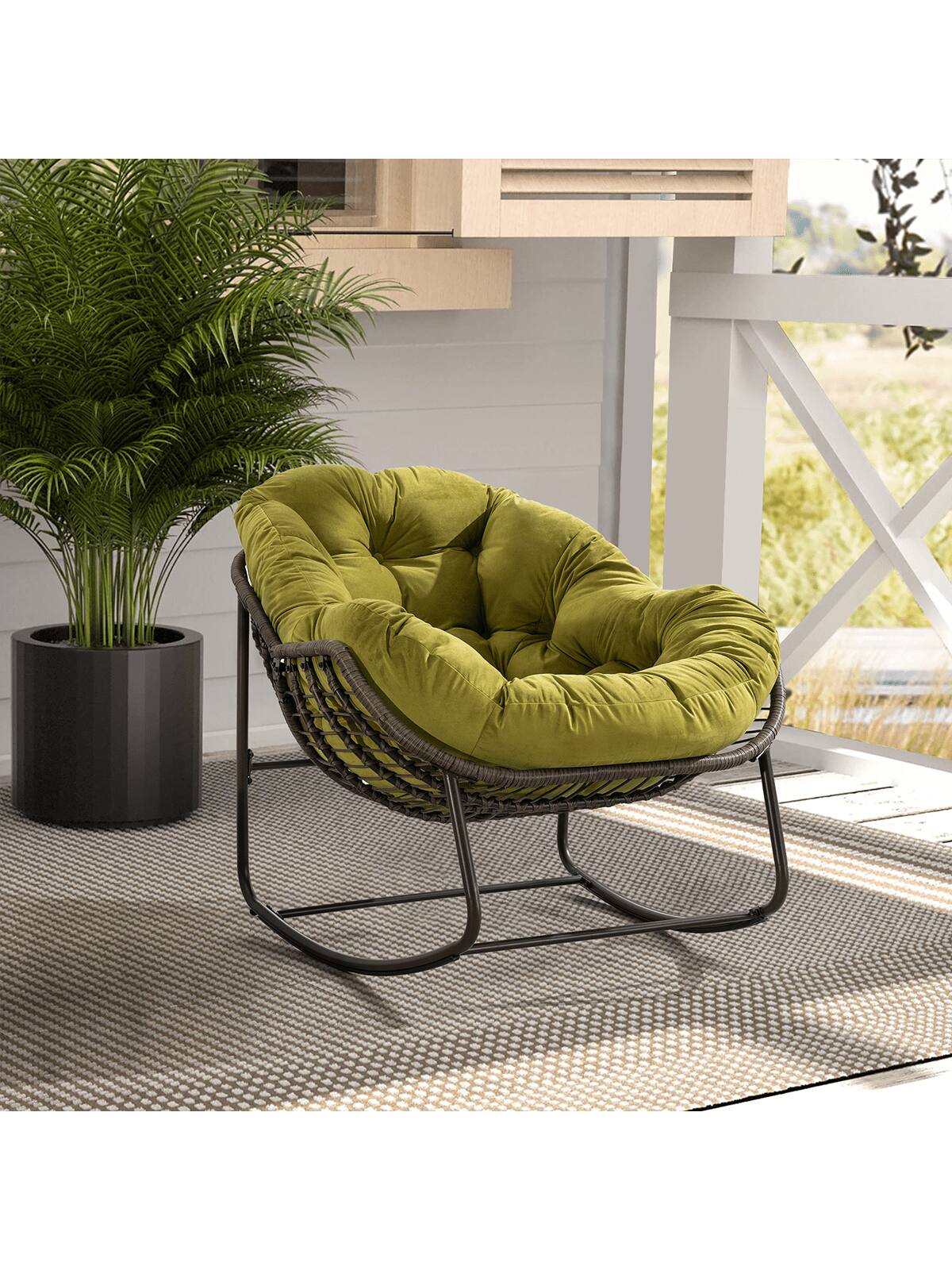 Left. Trinkets Crazed - Outdoor Patio Rocking Chair Set Of 2,Comfy Wicker Rocker Chair With Padded Cushion,Oversized Rattan Papasan Egg Chair - Olive Green.