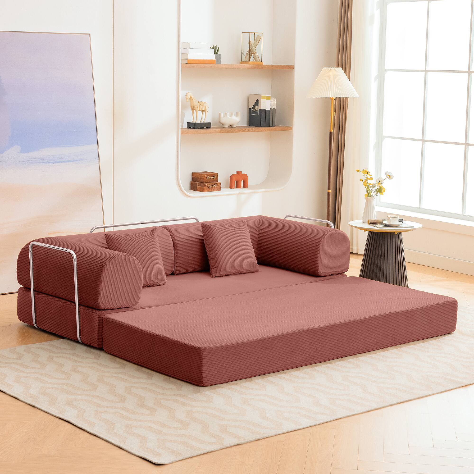 Alt View 10. KERDOM - 78 Inch W Sectional Modular Sofa, 3-4 Person Corduroy Sofa Bed Foldable, High Rebound Density Sponge Sofa, Block Couch - Pink.