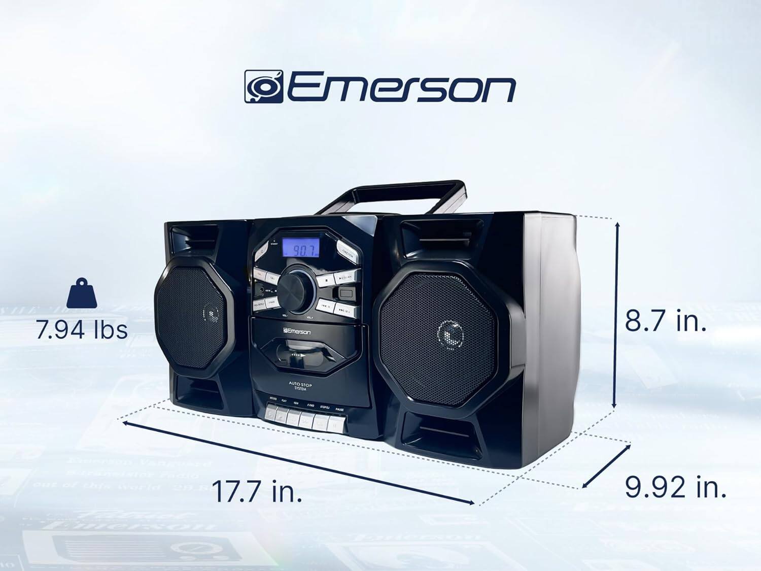Emerson  
90.7  
7.94 lbs  
dEmerson  
8.7 in.  
AUTO STOP SYSNEAM  
of  
17.7 in.  
9.92 in.  
Querson