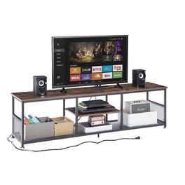 Vecelo - 63" Industrial TV Stand with Power Outlets and USB Ports – Modern Open Shelf Media Console Table for Living Room - Brown