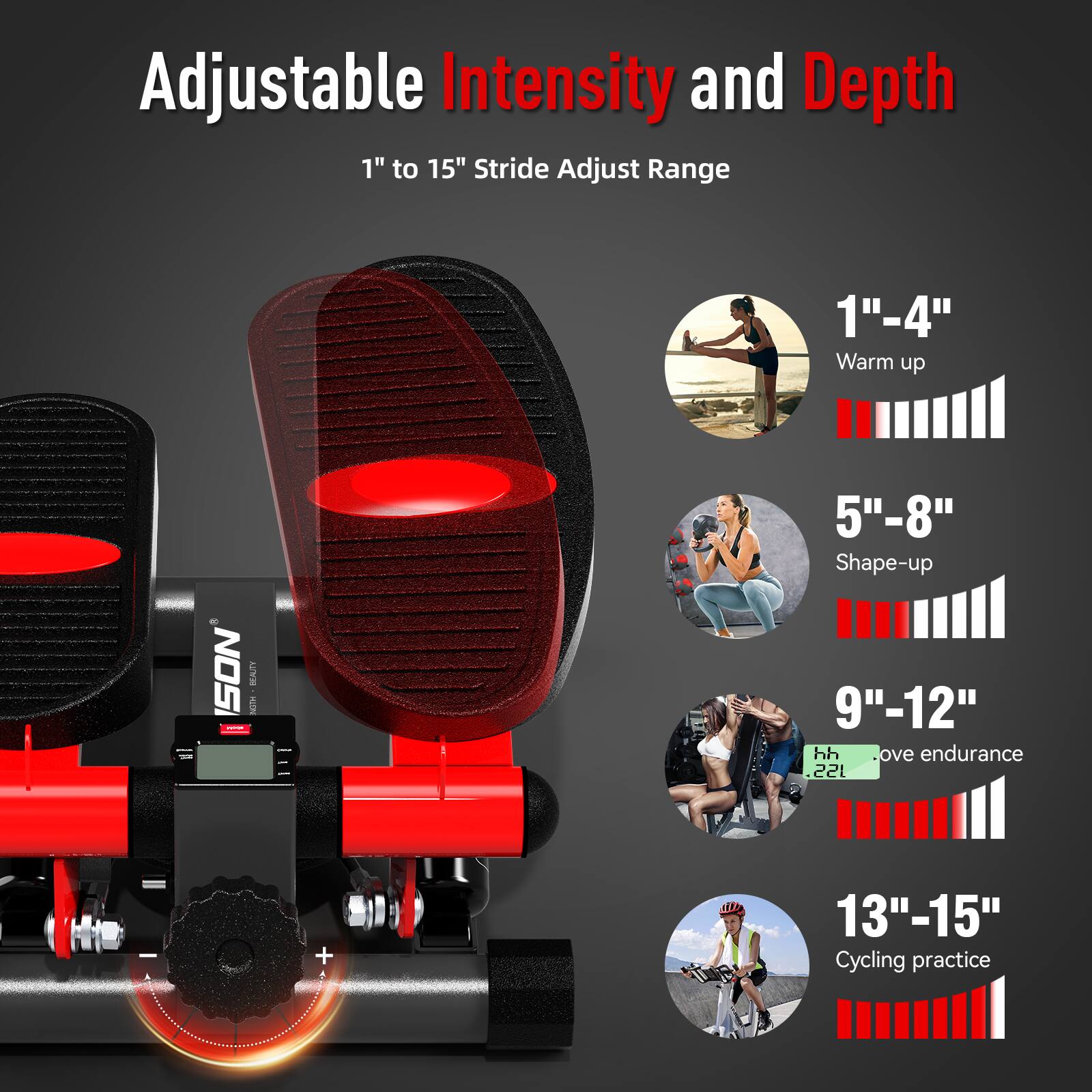 Adjustable Intensity and Depth  
1" to 15" Stride Adjust Range  

1"-4" Warm up  
5"-8" Shape-up  
9"-12" High Intensity Endurance  
13"-15" Cycling practice