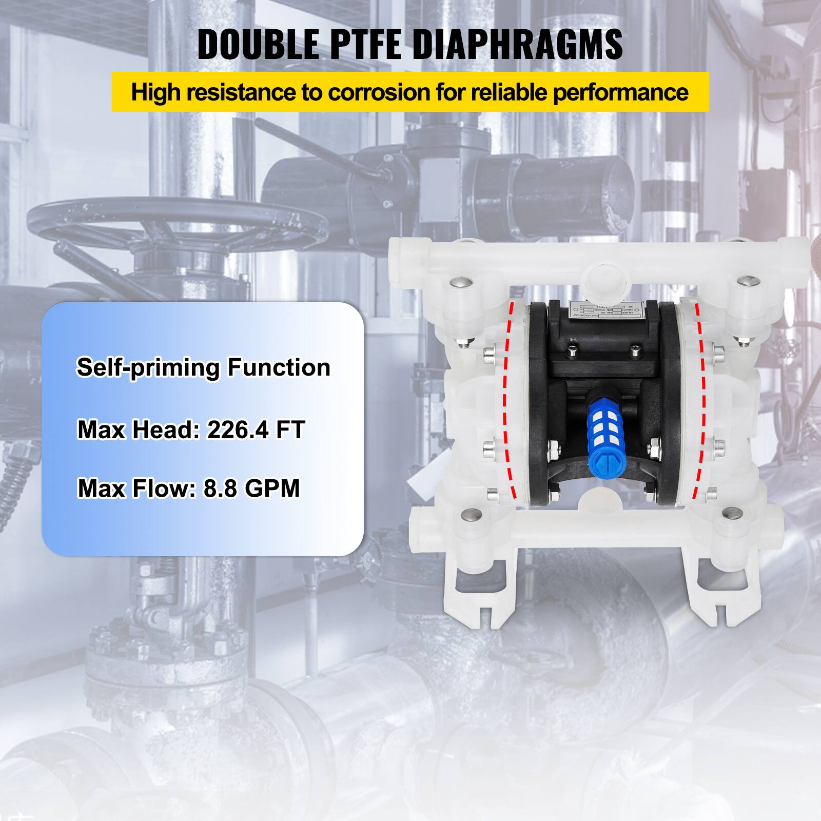DOUBLE PTFE DIAPHRAGMS  
High resistance to corrosion for reliable performance  
Self-priming Function  
Max Head: 226.4 FT  
Max Flow: 8.8 GPM