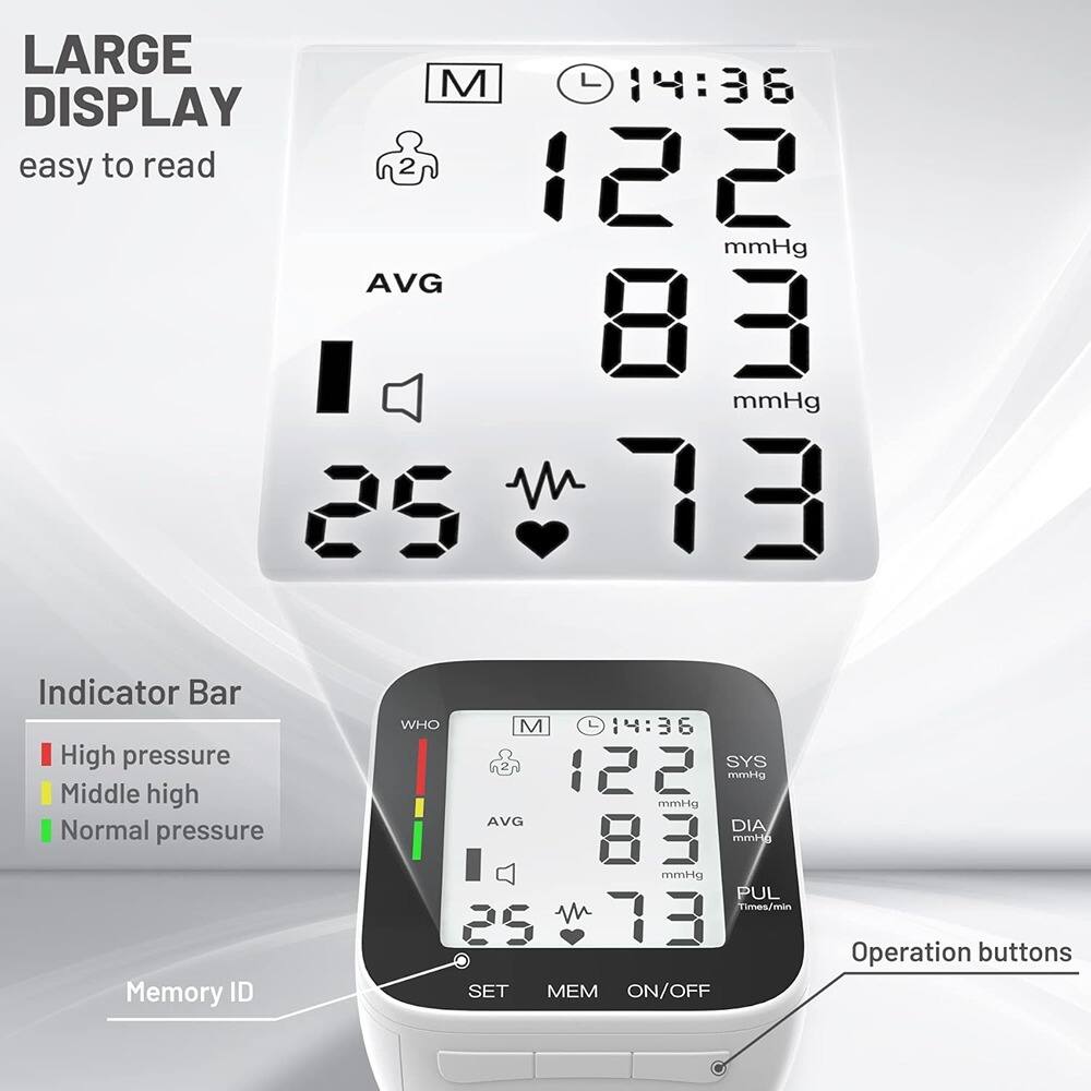 LARGE DISPLAY  
easy to read  

14:36  
122 mmHg  
83 mmHg  
73  

AVG  
25  

Indicator Bar  
- High pressure  
- Middle high  
- Normal pressure  

Memory ID  

Operation buttons  
SET  
MEM  
ON/OFF  

WHO  
M  
SYS  
DIA  
PUL  
Times/min