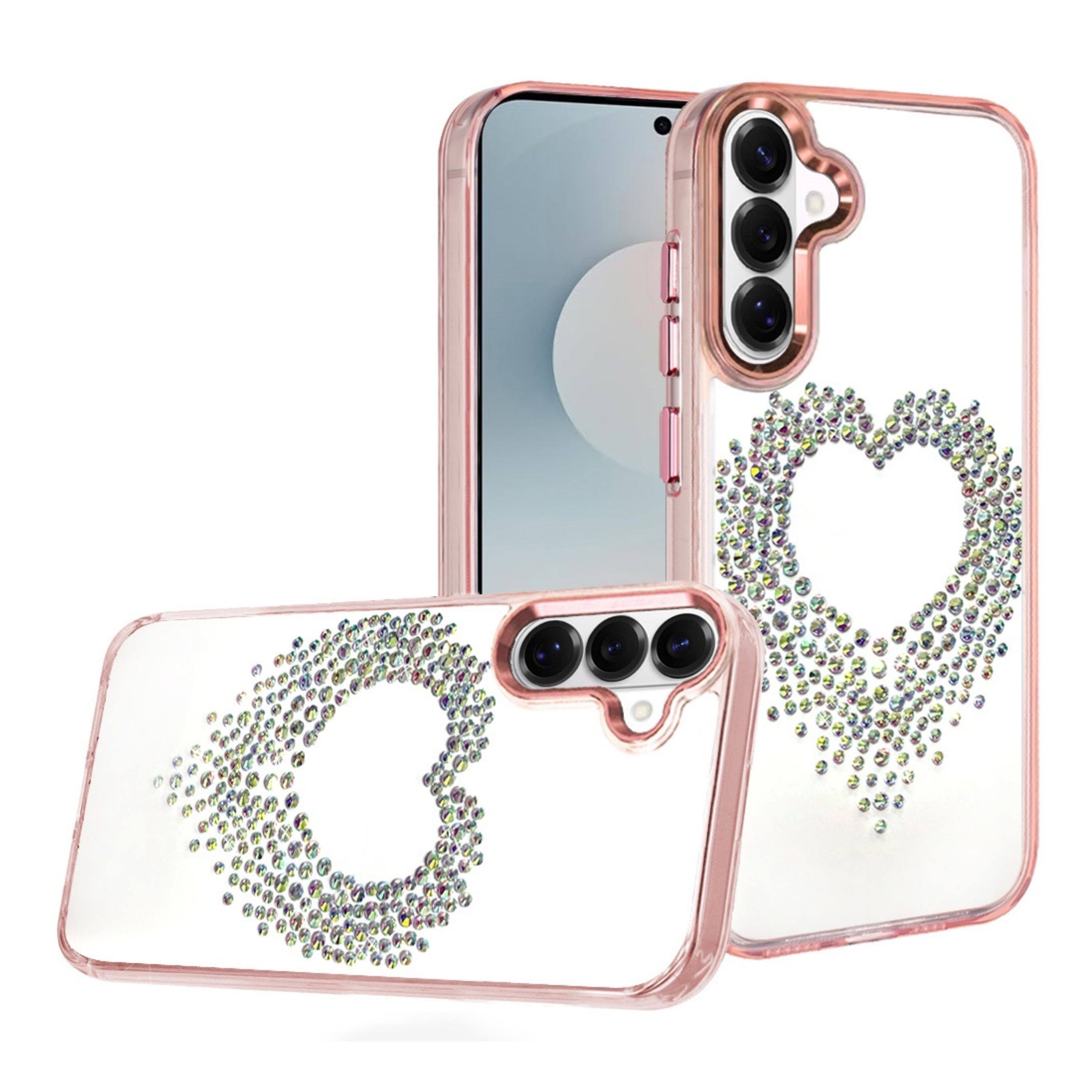 Angle. Kitcheniva - Heart Shaped Rhinestones Clear Phone Case With Tempered Glass For Samsung Galaxy S26 Rose Gold - Rose Gold.