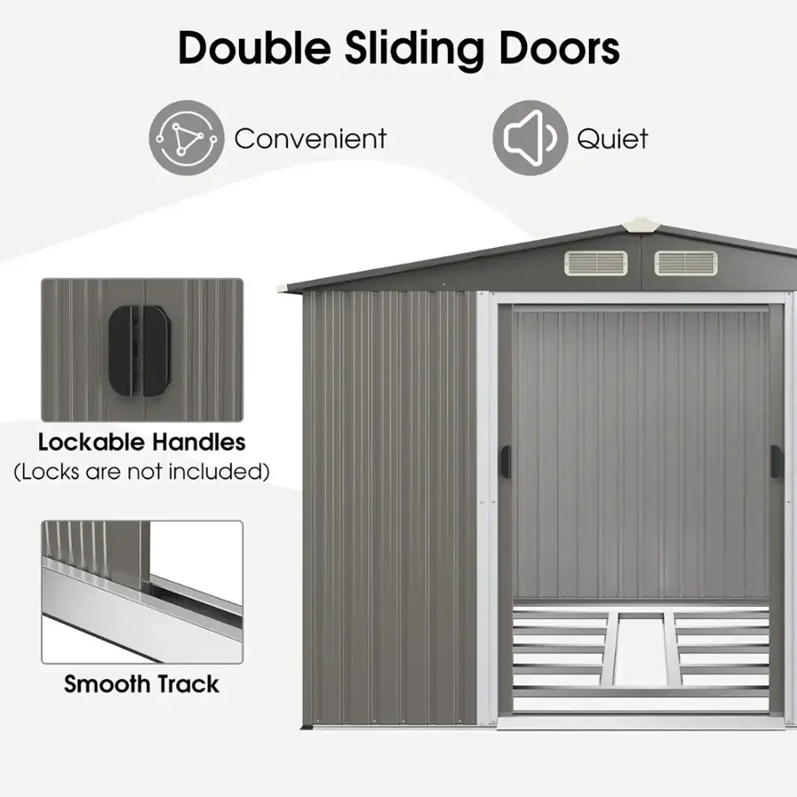 The text on the image is grouped as follows:

1. Double Sliding Doors: These are the doors of the shed.
2. Convenient: The doors are designed for easy access and use.
3. Quiet: The doors are designed to minimize noise when opening and closing.
4. Lockable Handles: The doors have handles that can be locked for added security.
5. Smooth Track: The doors slide smoothly on a track, providing a smooth and easy opening and closing experience.