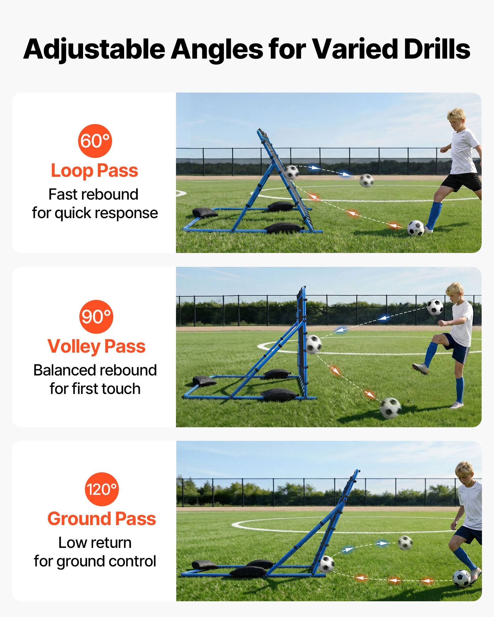 Adjustable Angles for Varied Drills

60° Loop Pass  
Fast rebound for quick response

90° Volley Pass  
Balanced rebound for first touch

120° Ground Pass  
Low return for ground control