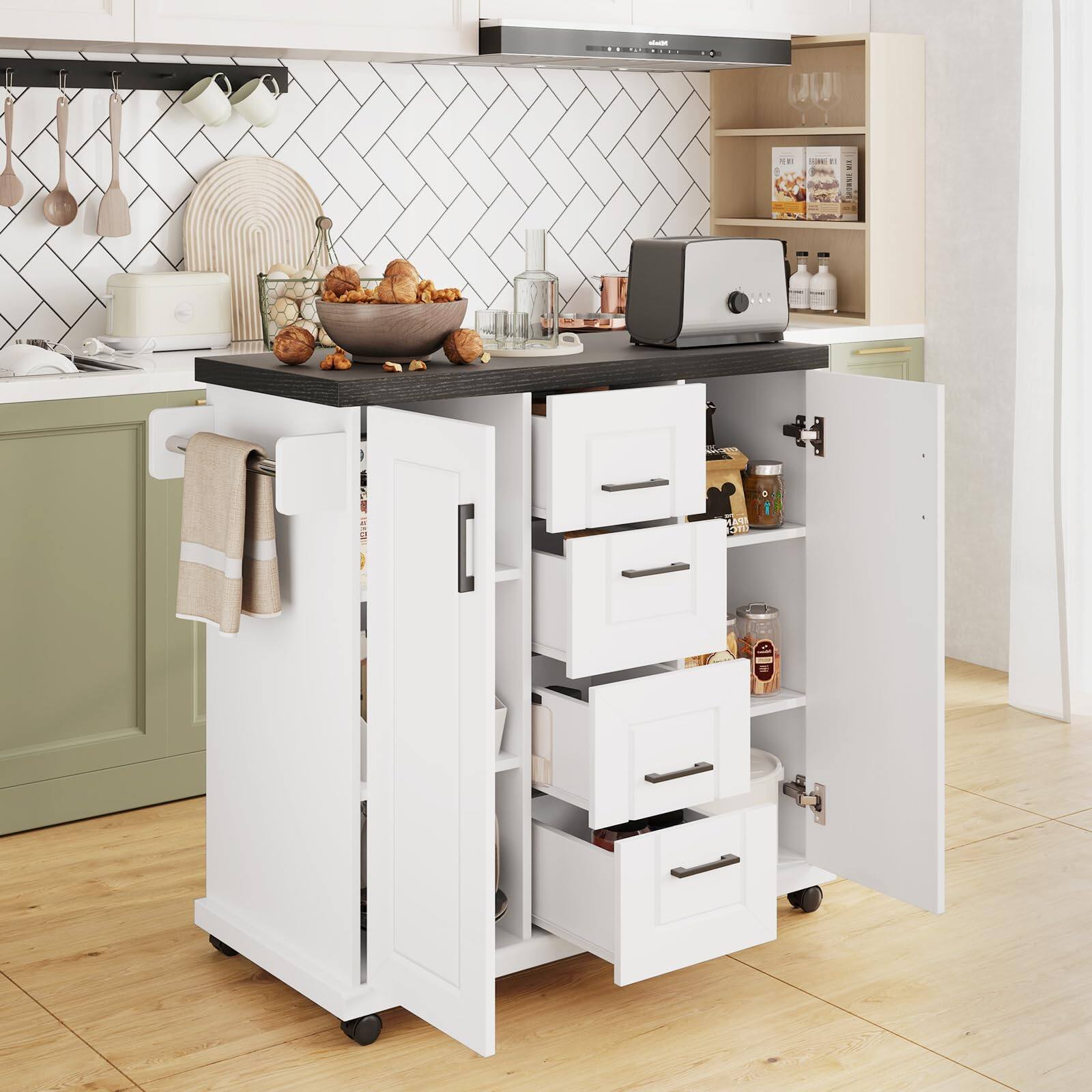 Alt View 1. Ecooso - Rolling Kitchen Island Cart with Storage Cabinets and Extra Countertop Space - White.