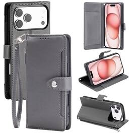 Dteck - Wallet Case for Apple iPhone 17 Pro Max Crossbody Premium Leather Kickstand Zipper Card Slot Cover With Strap+Lanyard - Gray