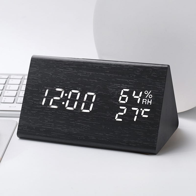 Auledio - Electronic desktop clock with dimming function, snooze function, 12/24-hour clock, wooden alarm clock (black) - blank