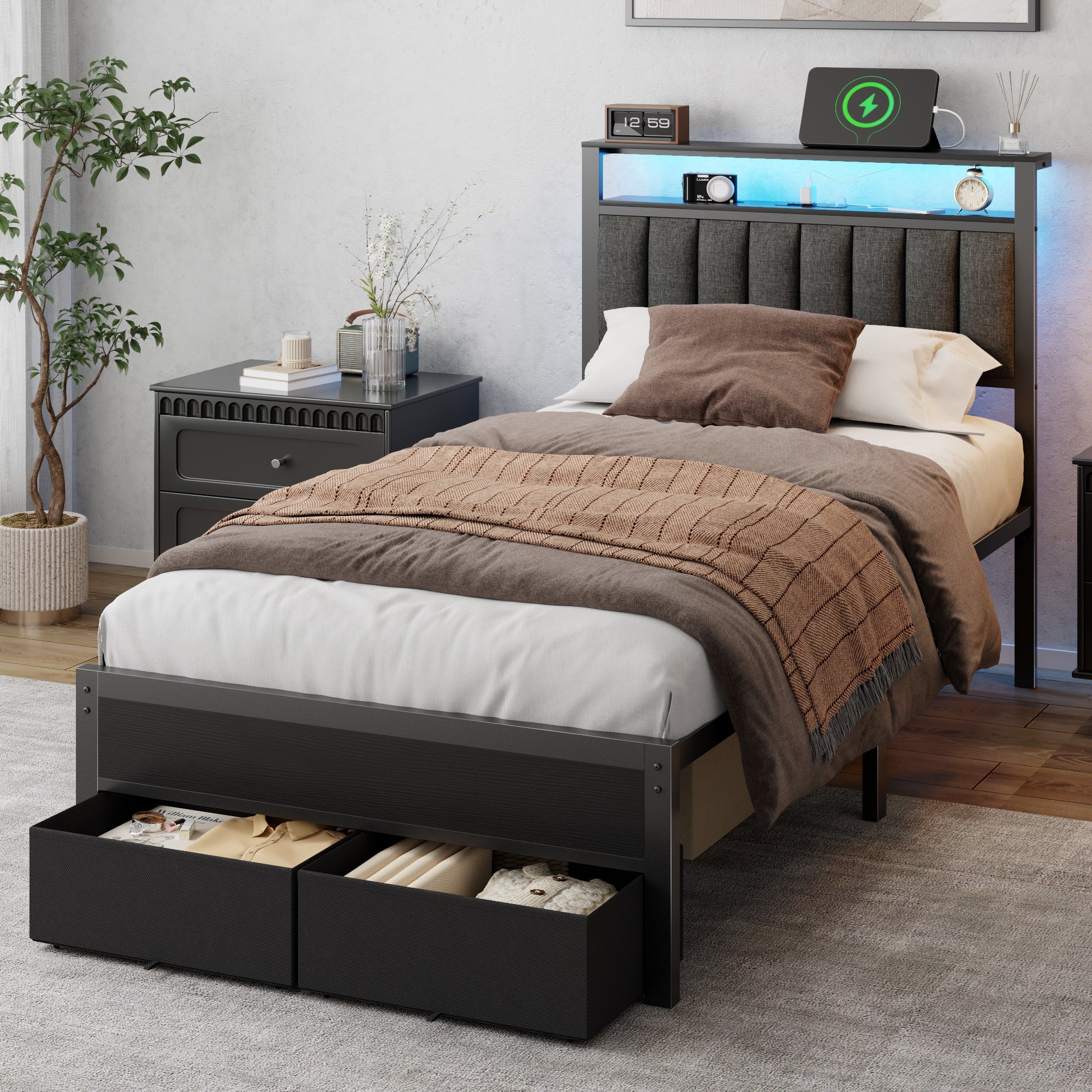 Furnulem - Upholstered Bed Frame with 2 Storage Drawers Modern Platform Bed with Charging Station & LED Light - Black