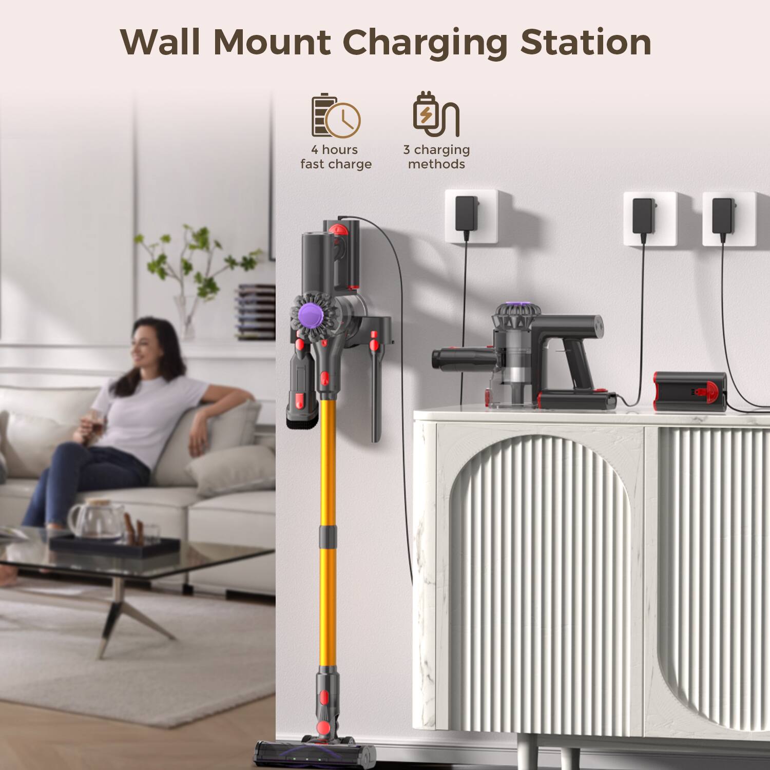 Wall Mount Charging Station  
4 hours fast charge  
3 charging methods
